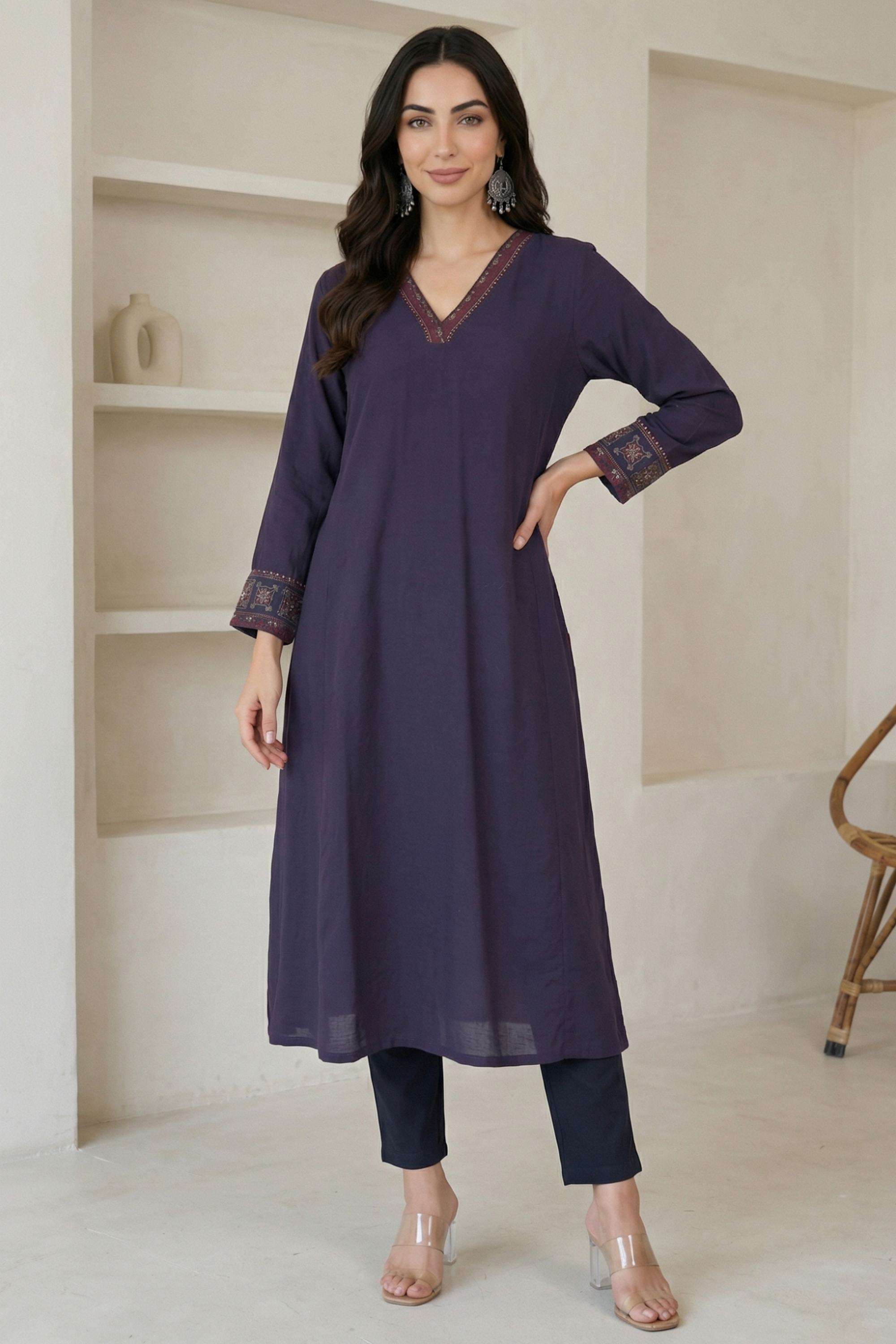 Geometric-Print-Cotton-Blend-Collared-Women-s-Fusion-Wear-Kurta