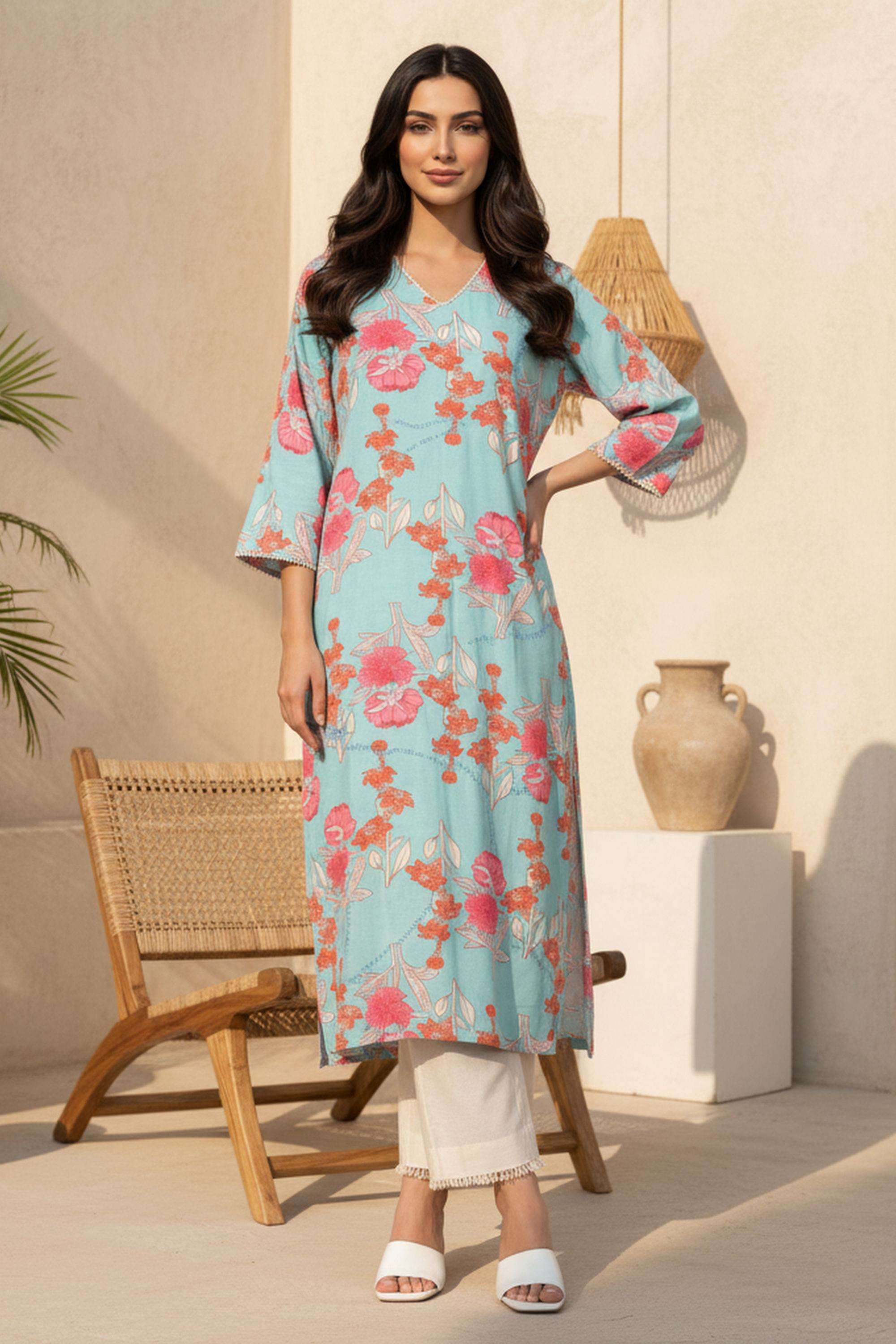 Floral-Blended-Fabric-V-Neck-Women-s-Top
