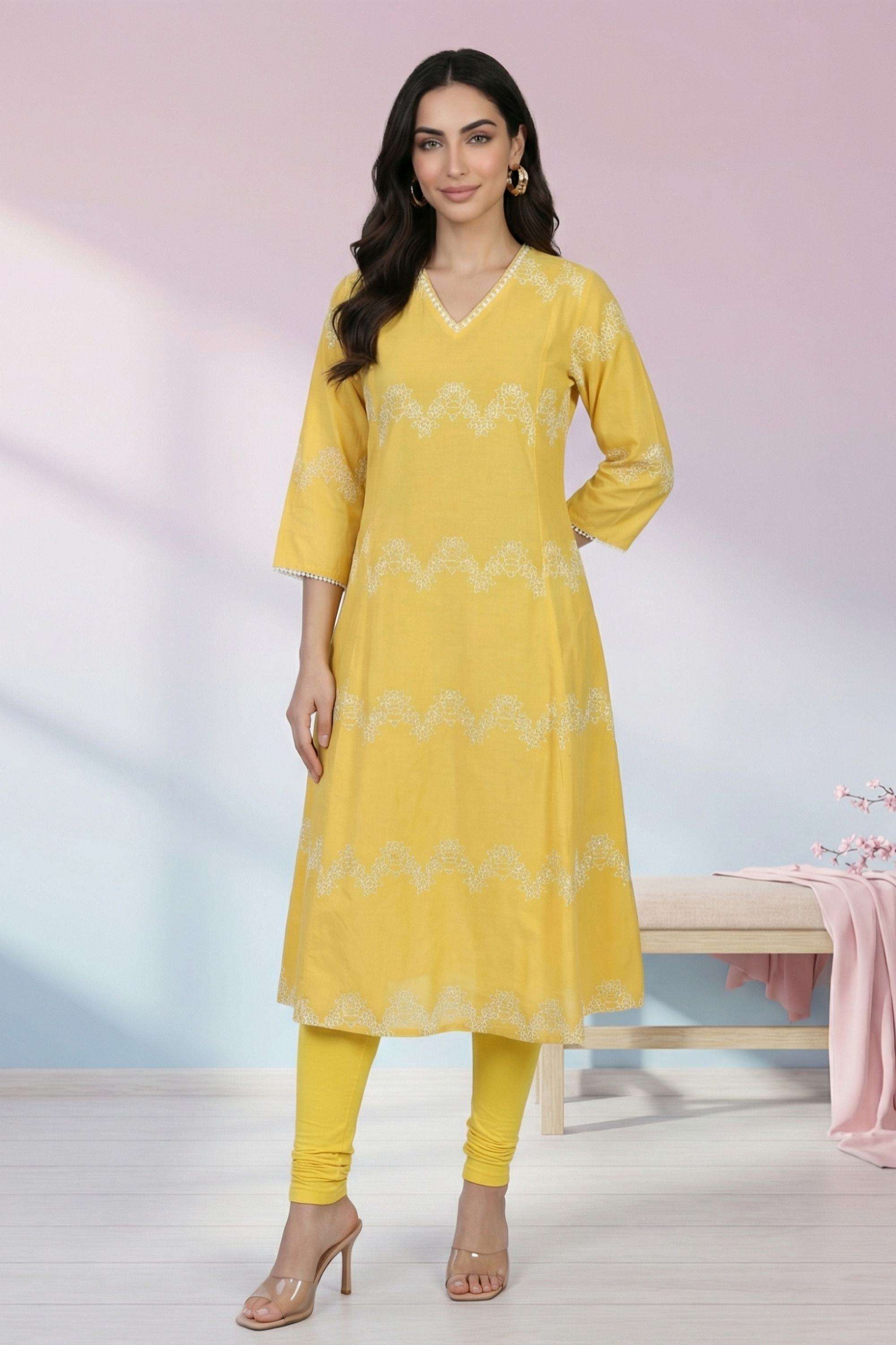 Geometric-Print-Cotton-Blend-Collared-Women-s-Fusion-Wear-Kurta