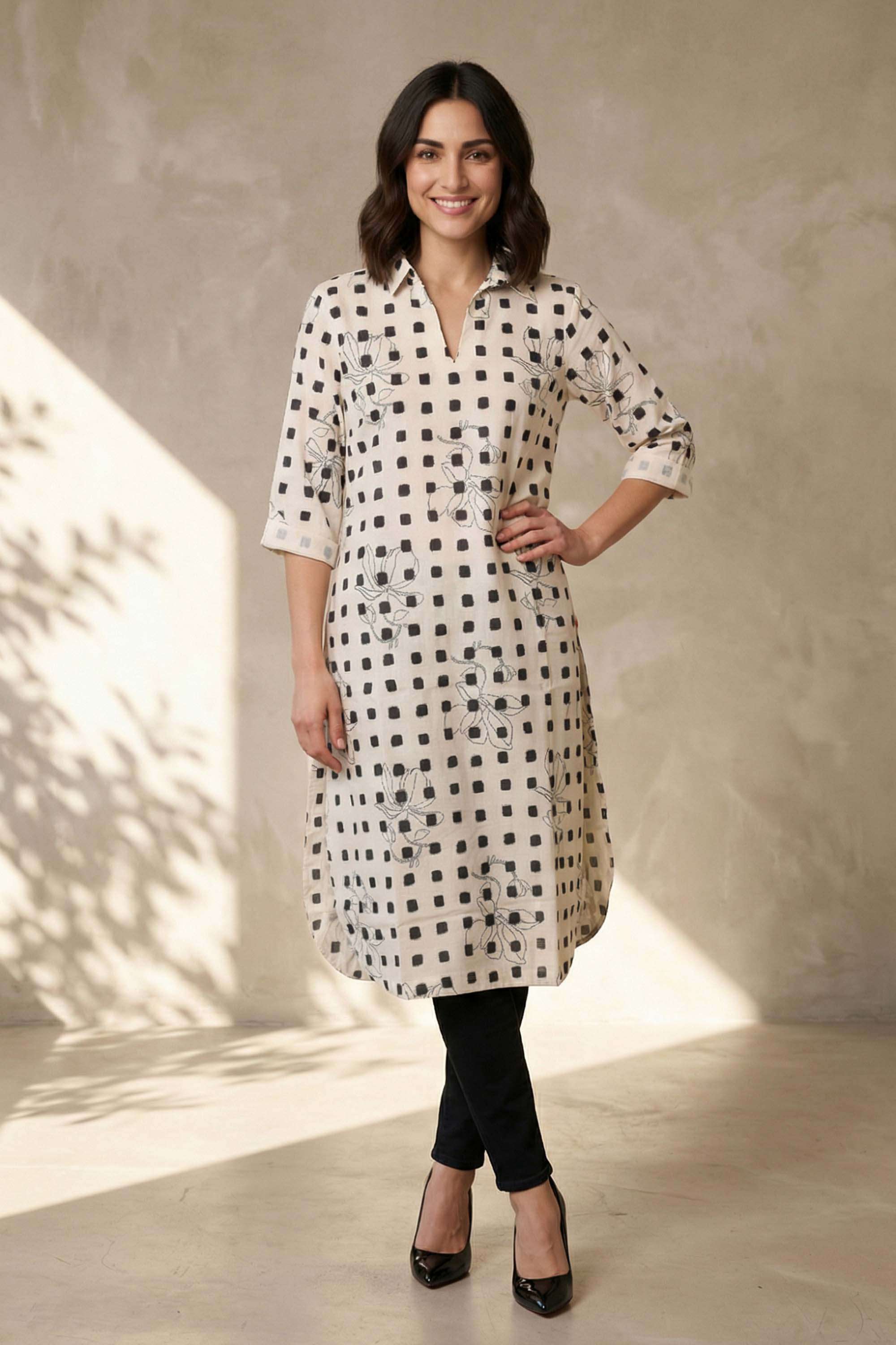 Geometric Print Blended Fabric Collared Women's Top-picture-19
