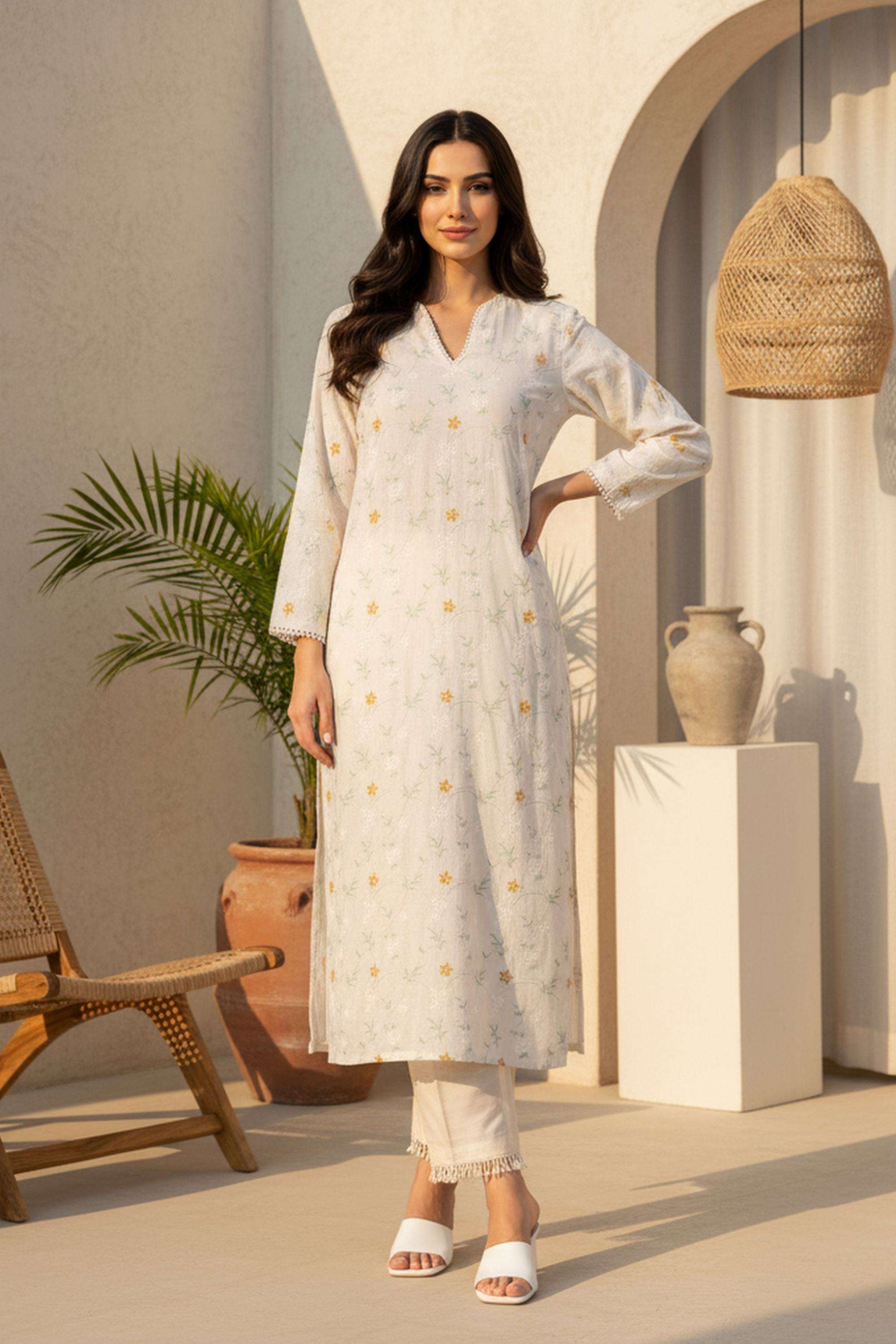 Floral-Blended-Fabric-V-Neck-Women-s-Ethnic-Kurta