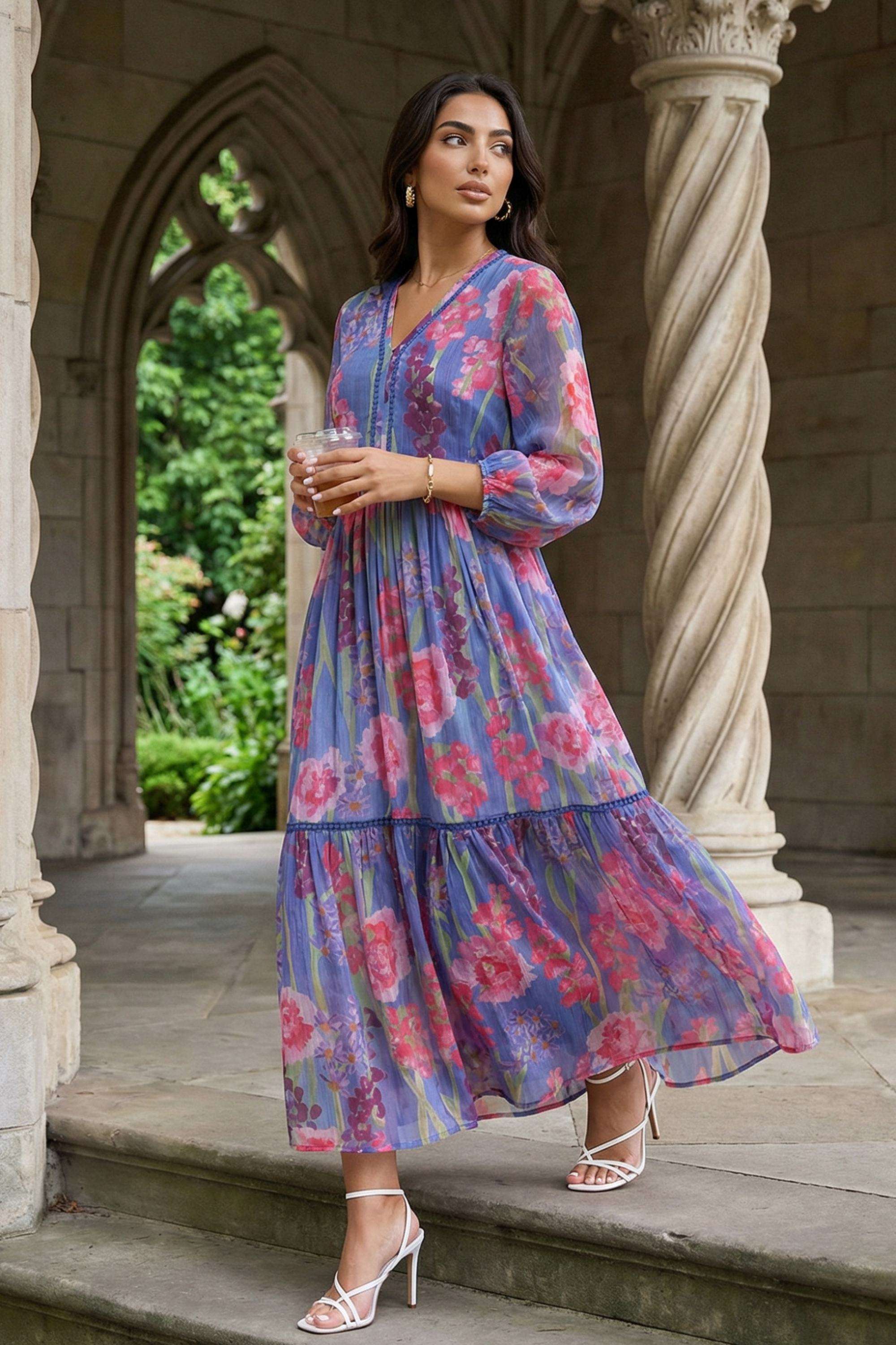 Floral-V-Neck-Blended-Fabric-Women-Dress
