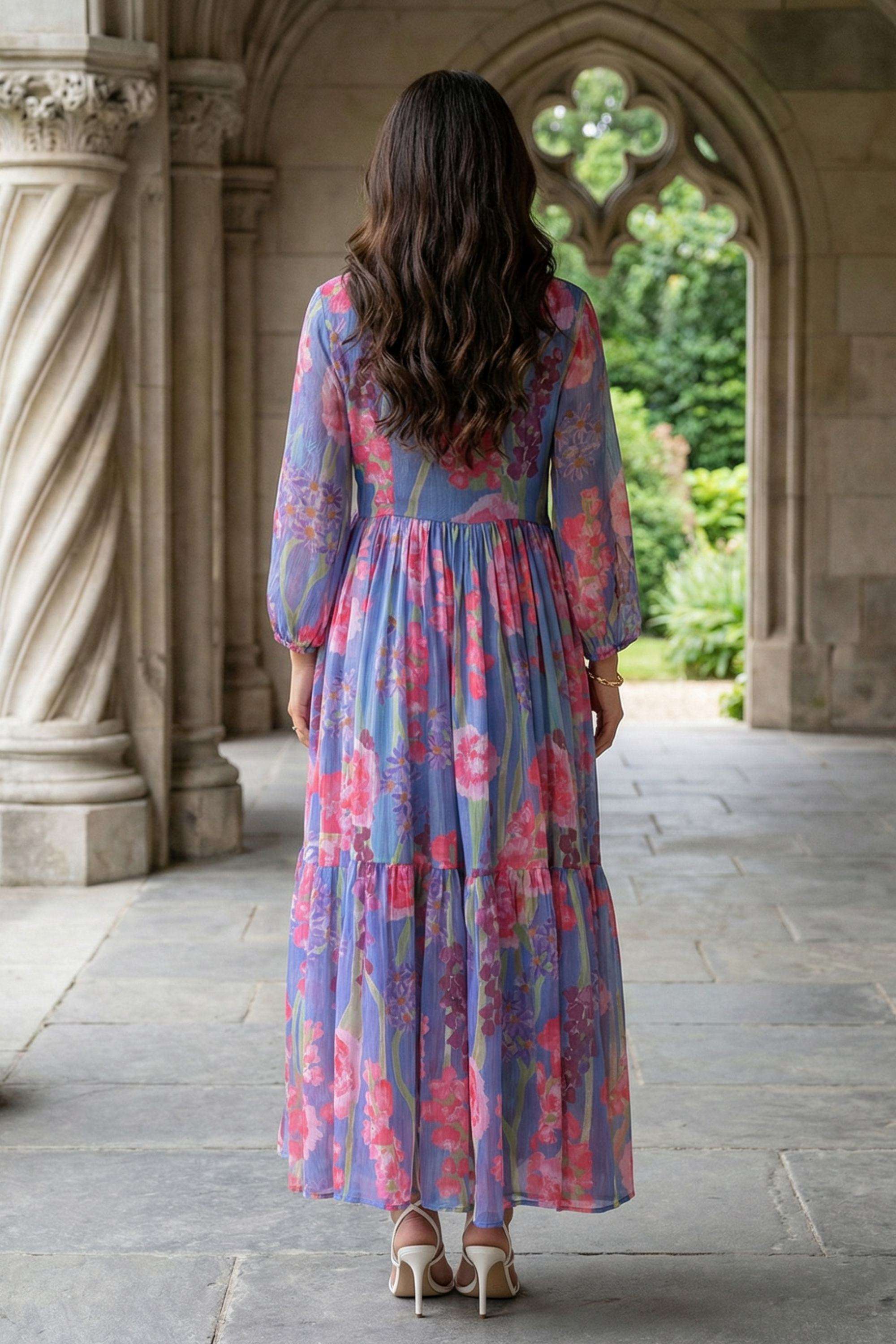 Floral-V-Neck-Blended-Fabric-Women-Dress
