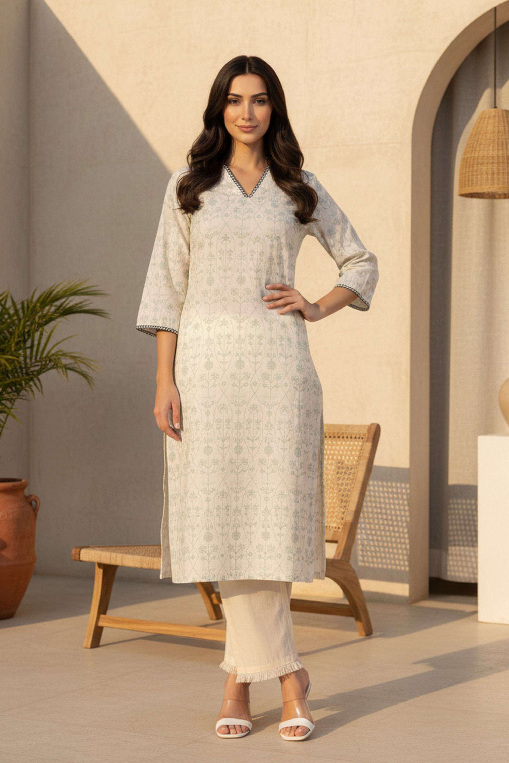 Floral-Blended-Fabric-V-Neck-Women-s-Ethnic-Kurta