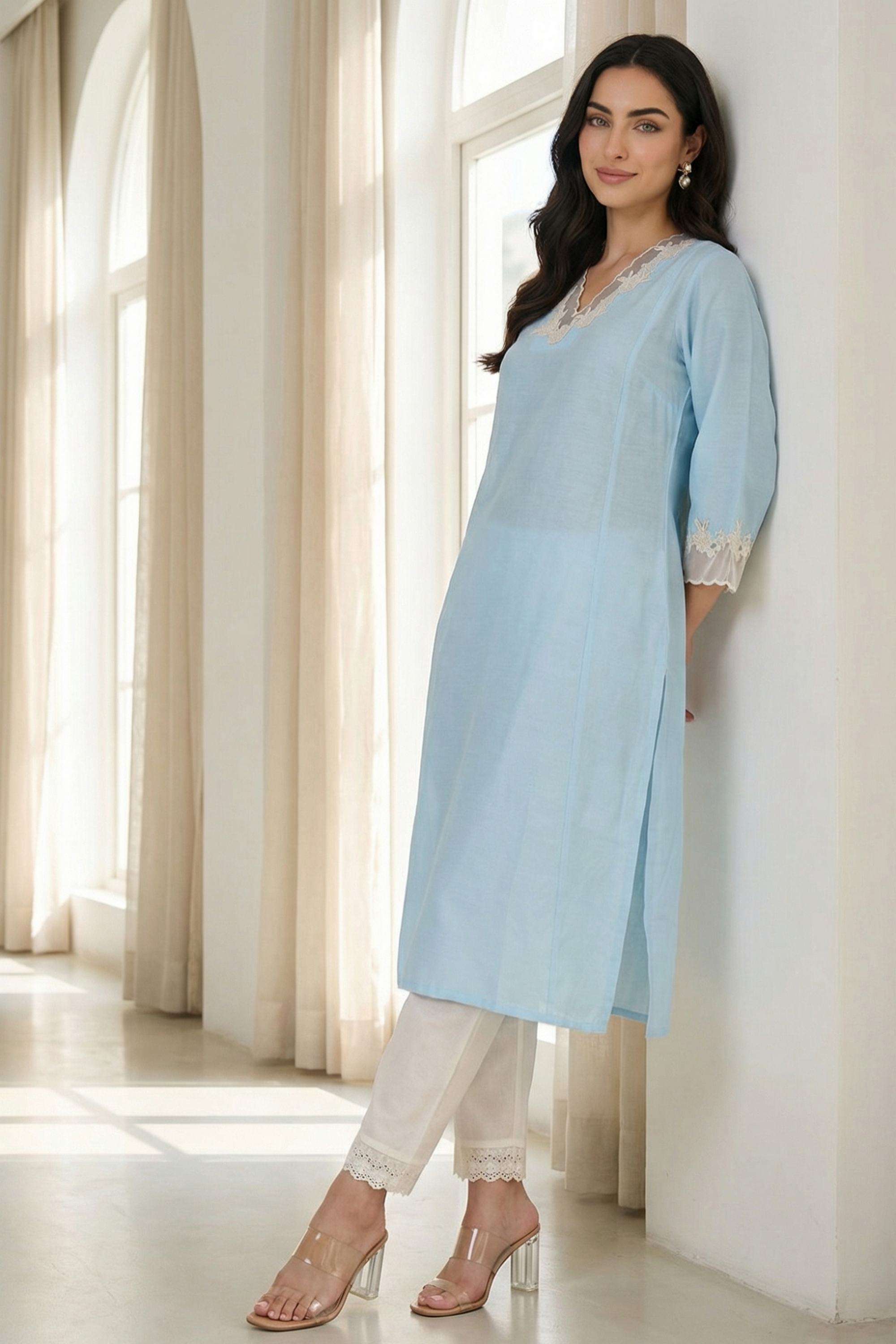 Solid-Blended-Fabric-V-Neck-Women-s-Work-Kurta