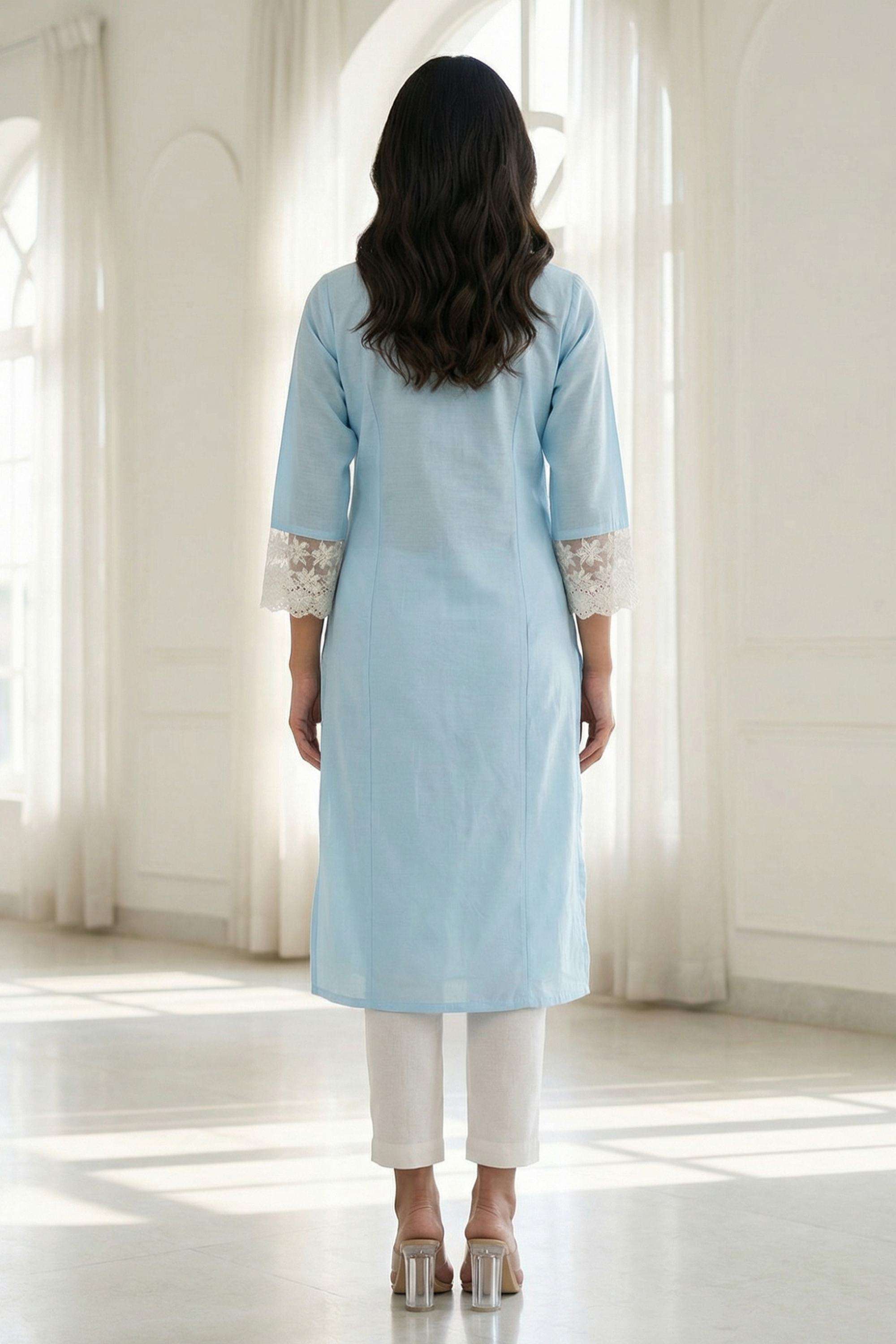 Solid-Blended-Fabric-V-Neck-Women-s-Work-Kurta