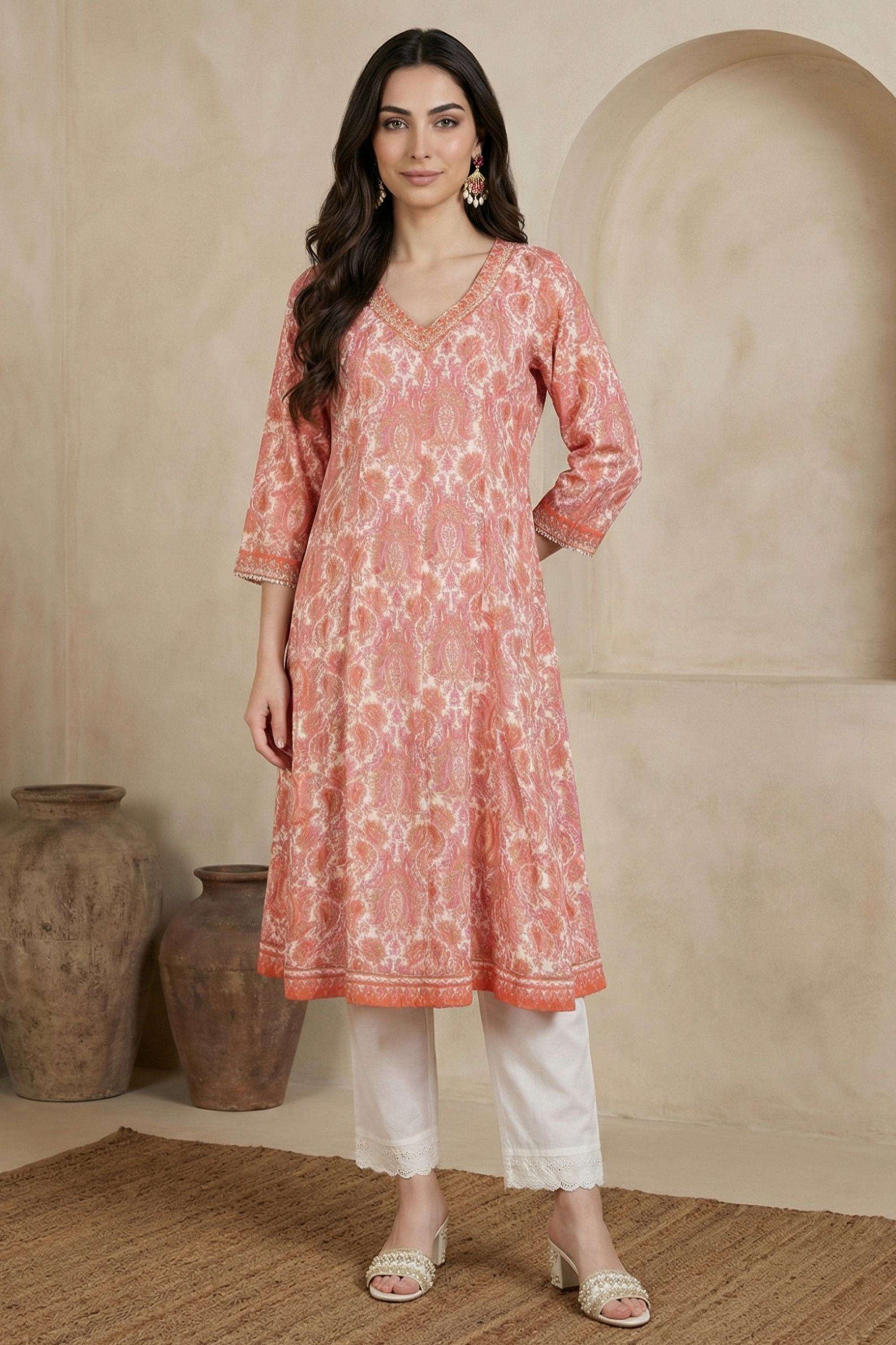 Textured-Blended-Fabric-V-Neck-Women-s-Festive-Wear-Kurta