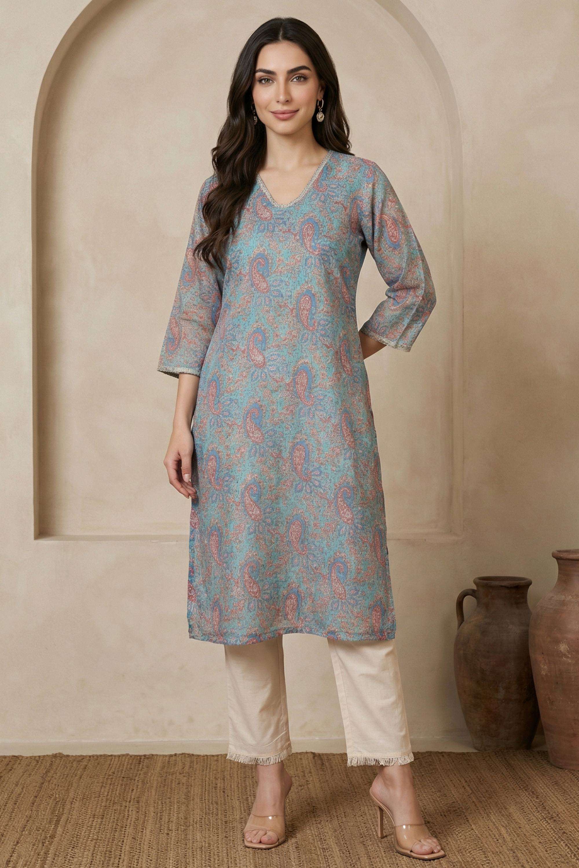 Textured-Blended-Fabric-V-Neck-Women-s-Casual-Wear-Kurta