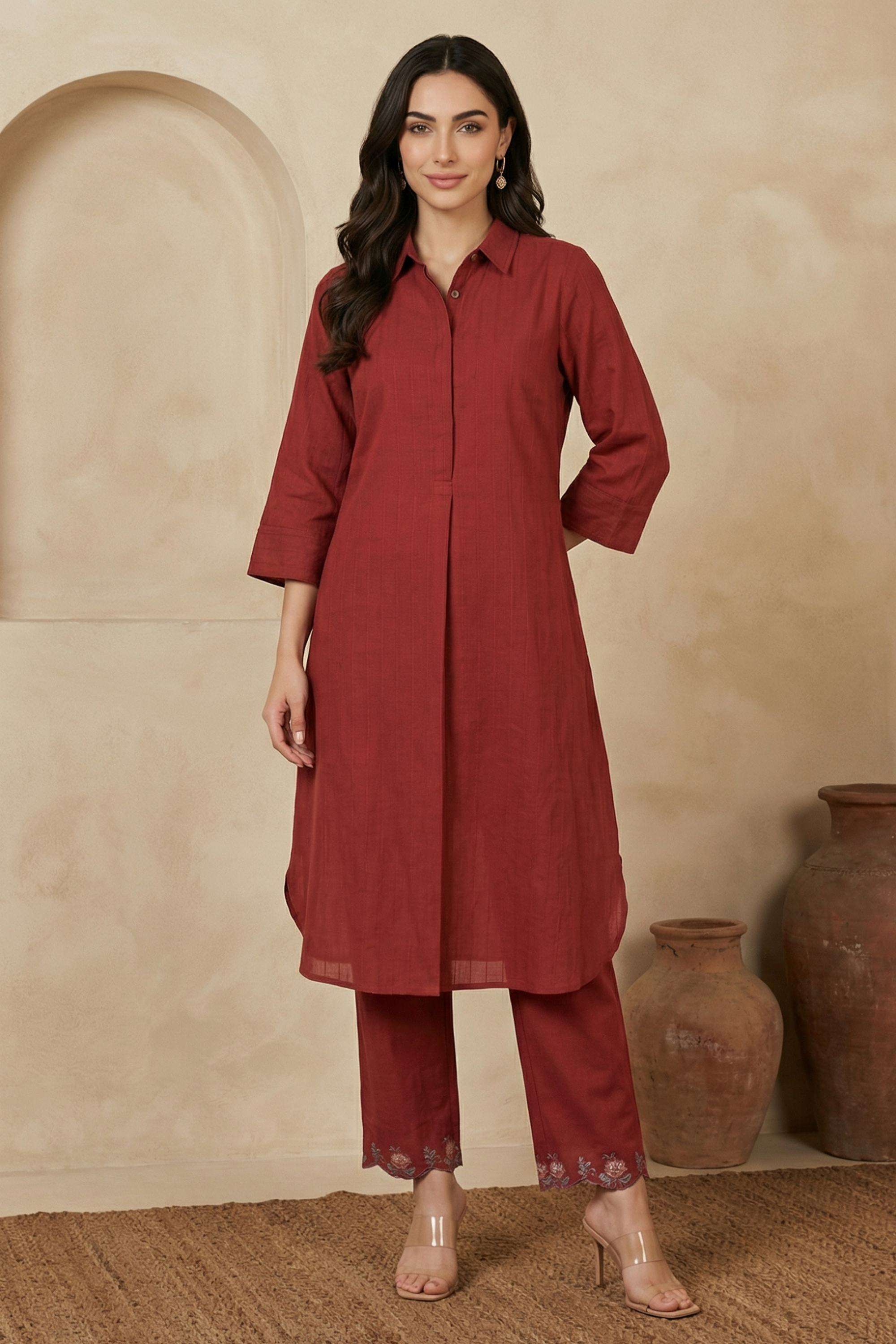 Solid-Blended-Fabric-Collared-Women-s-Work-Kurta