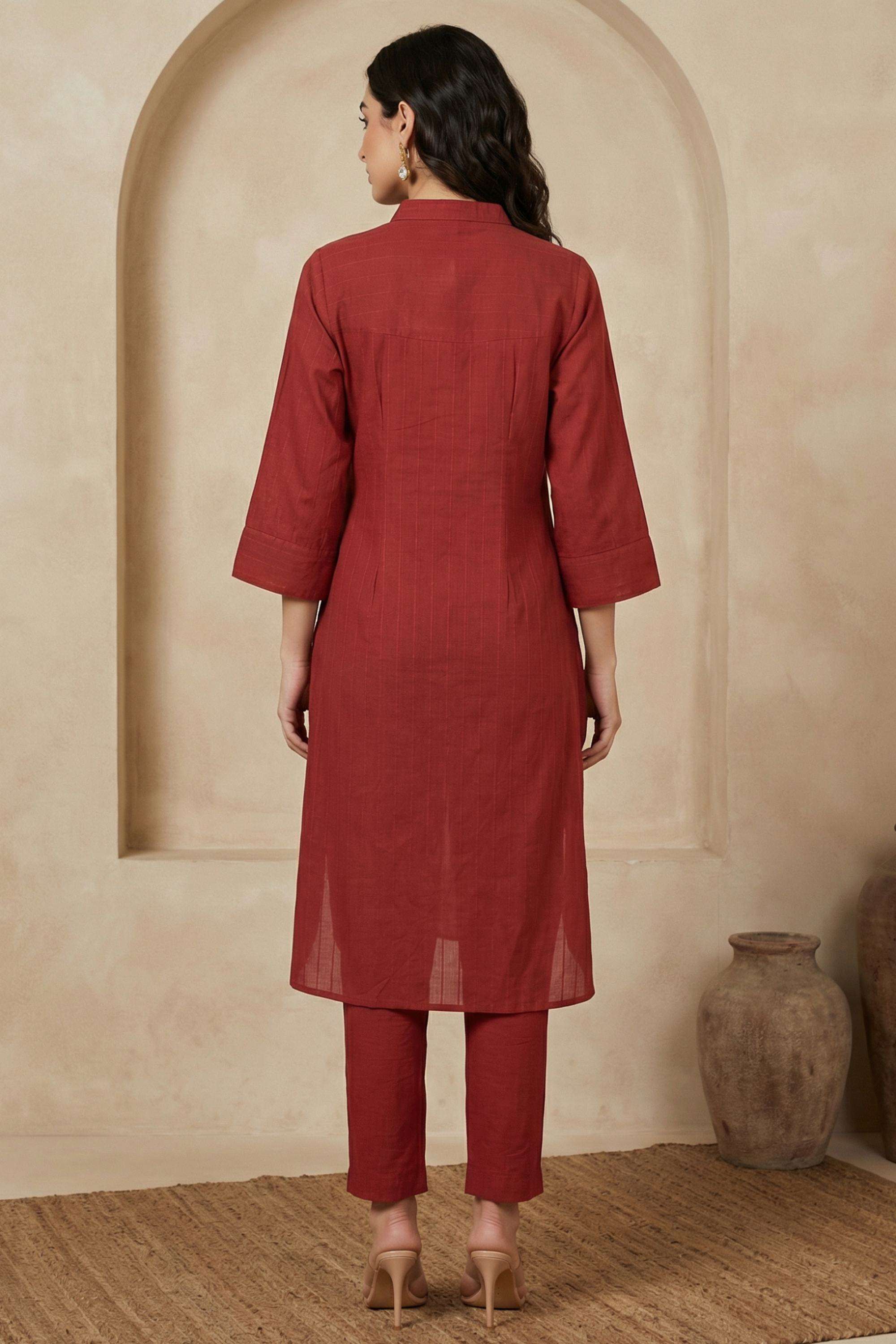 Solid-Blended-Fabric-Collared-Women-s-Work-Kurta