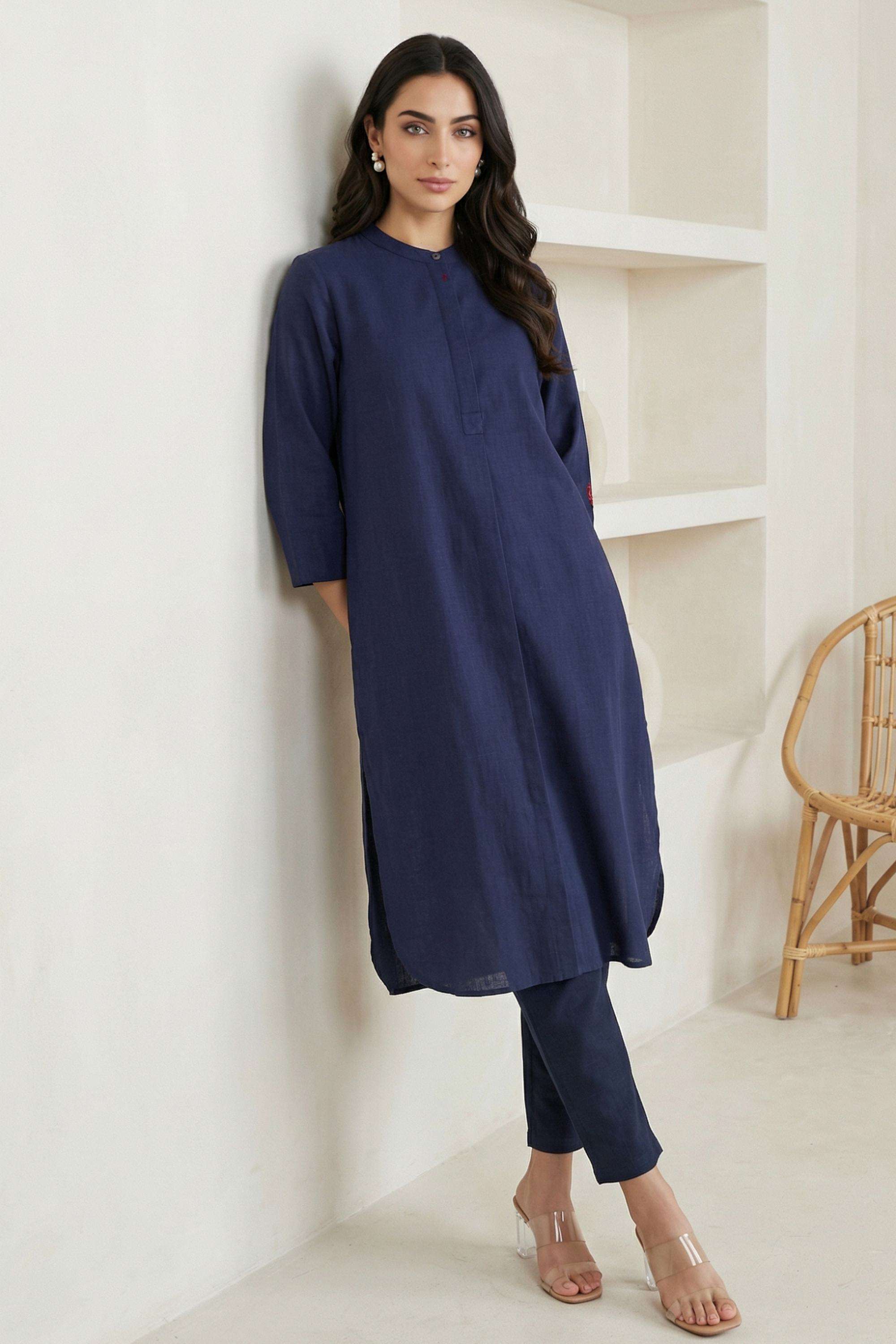 Solid-Blended-Fabric-Round-Neck-Women-s-Casual-Wear-Kurta