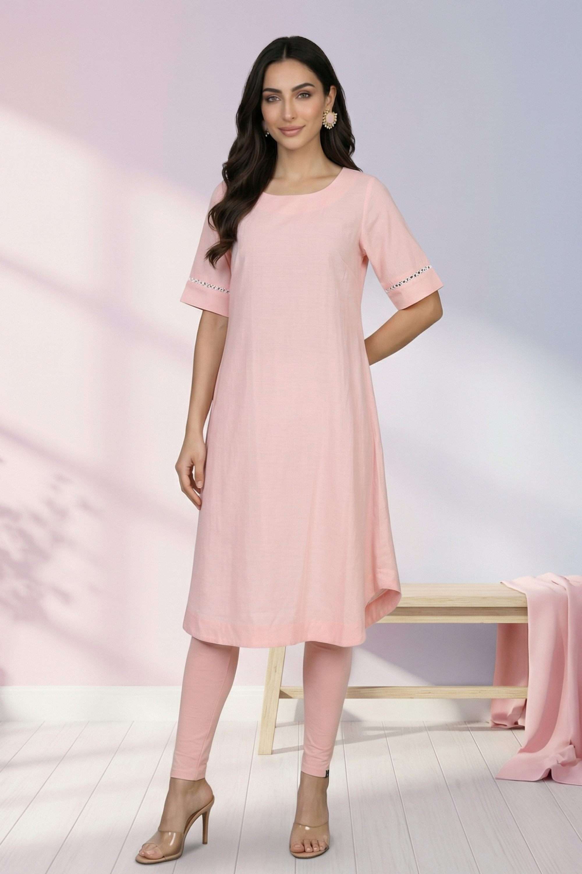 Solid-Blended-Fabric-Round-Neck-Women-s-Casual-Wear-Kurta