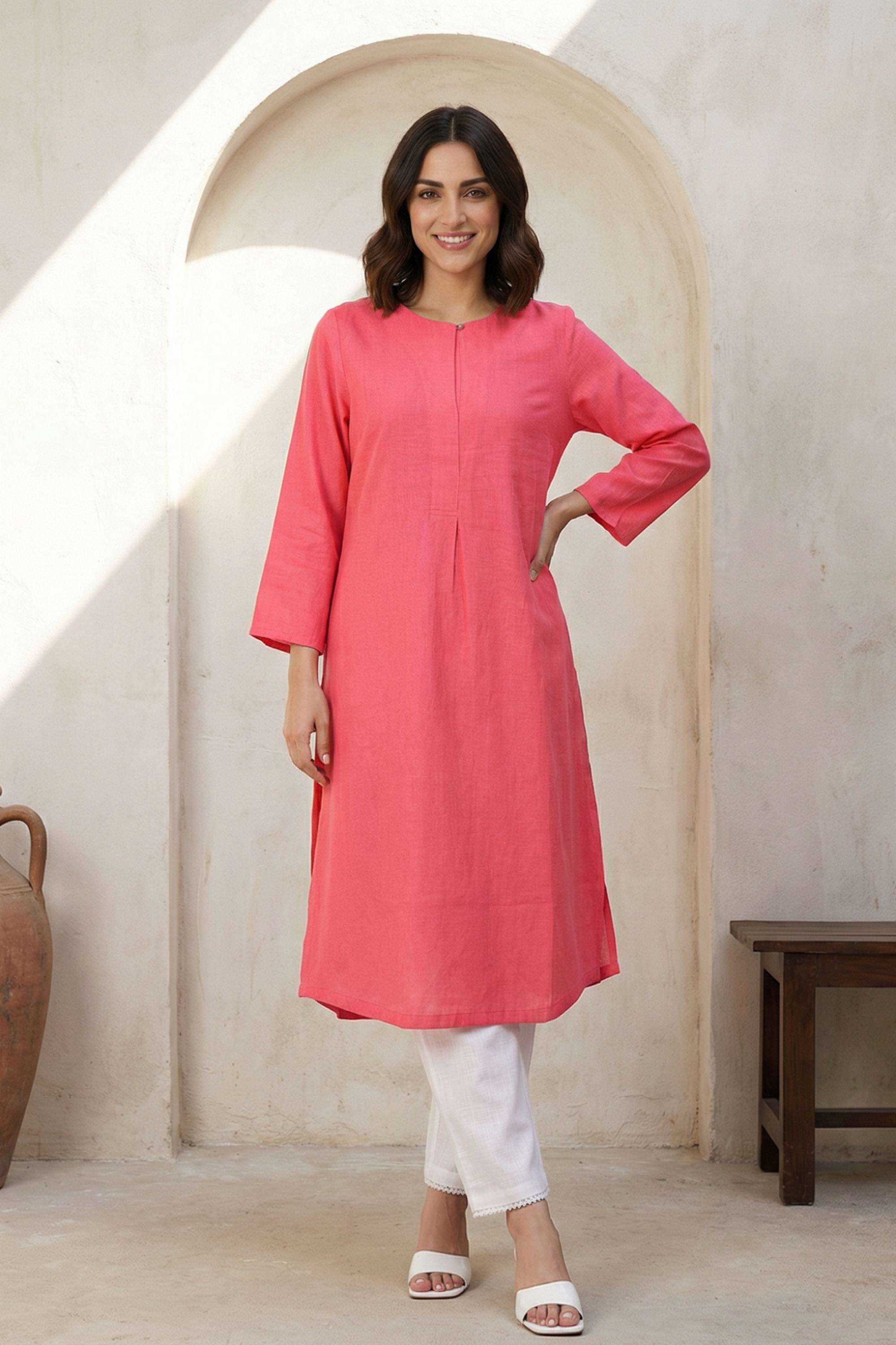 Solid-Blended-Fabric-Round-Neck-Women-s-Work-Kurta