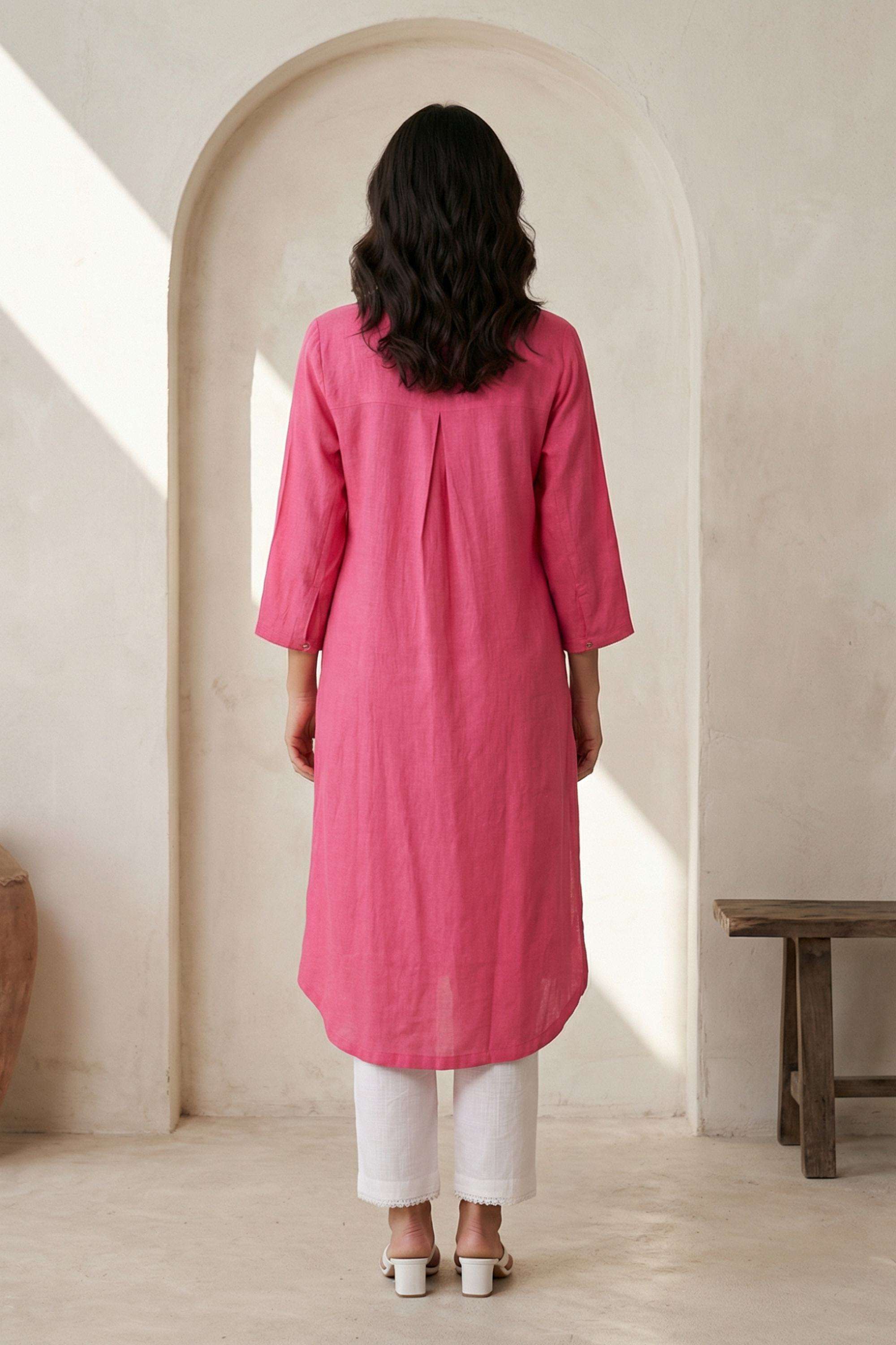 Solid-Blended-Fabric-Round-Neck-Women-s-Work-Kurta