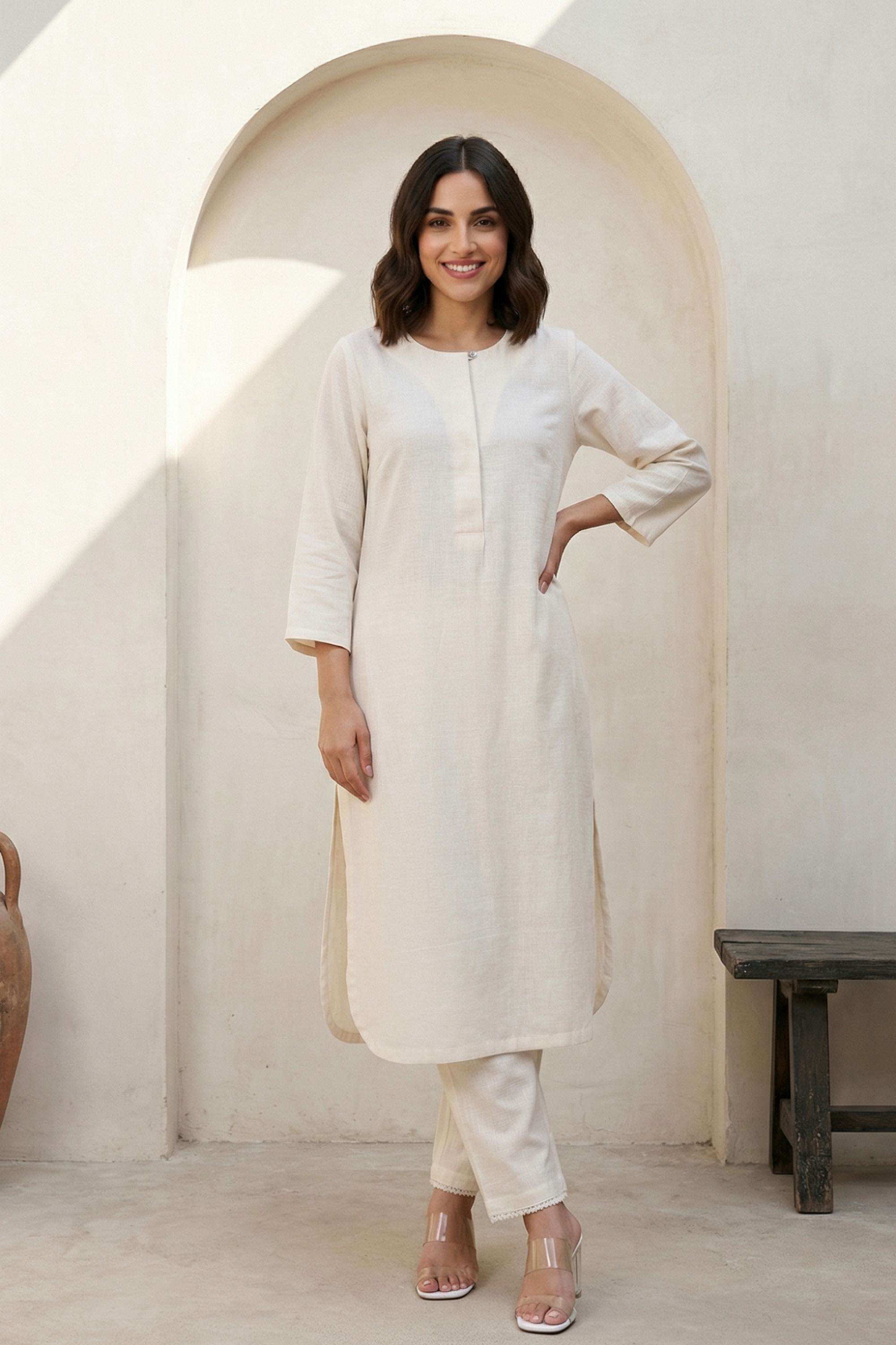 Solid-Blended-Fabric-Round-Neck-Women-s-Work-Kurta