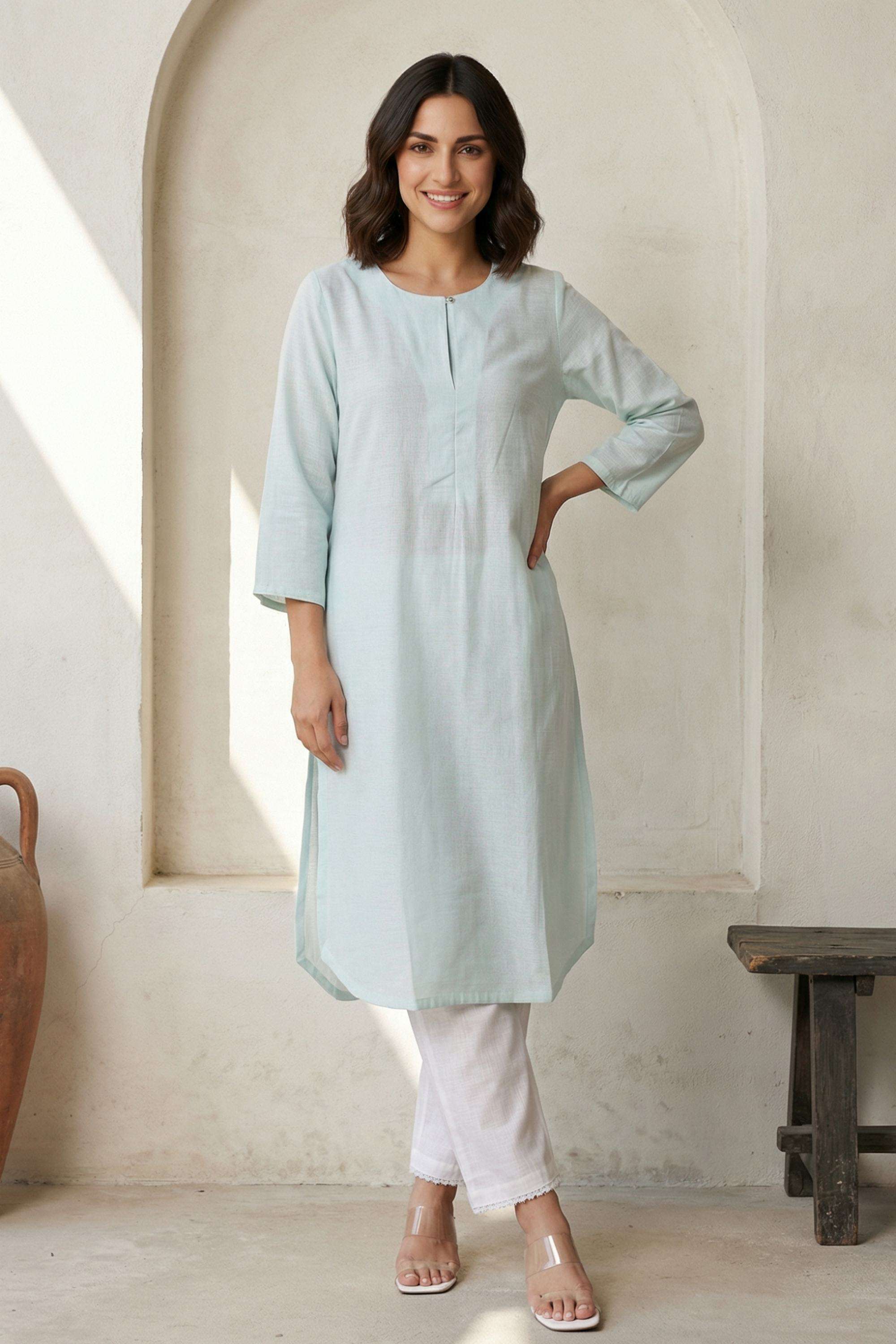 Solid-Blended-Fabric-Round-Neck-Women-s-Work-Kurta