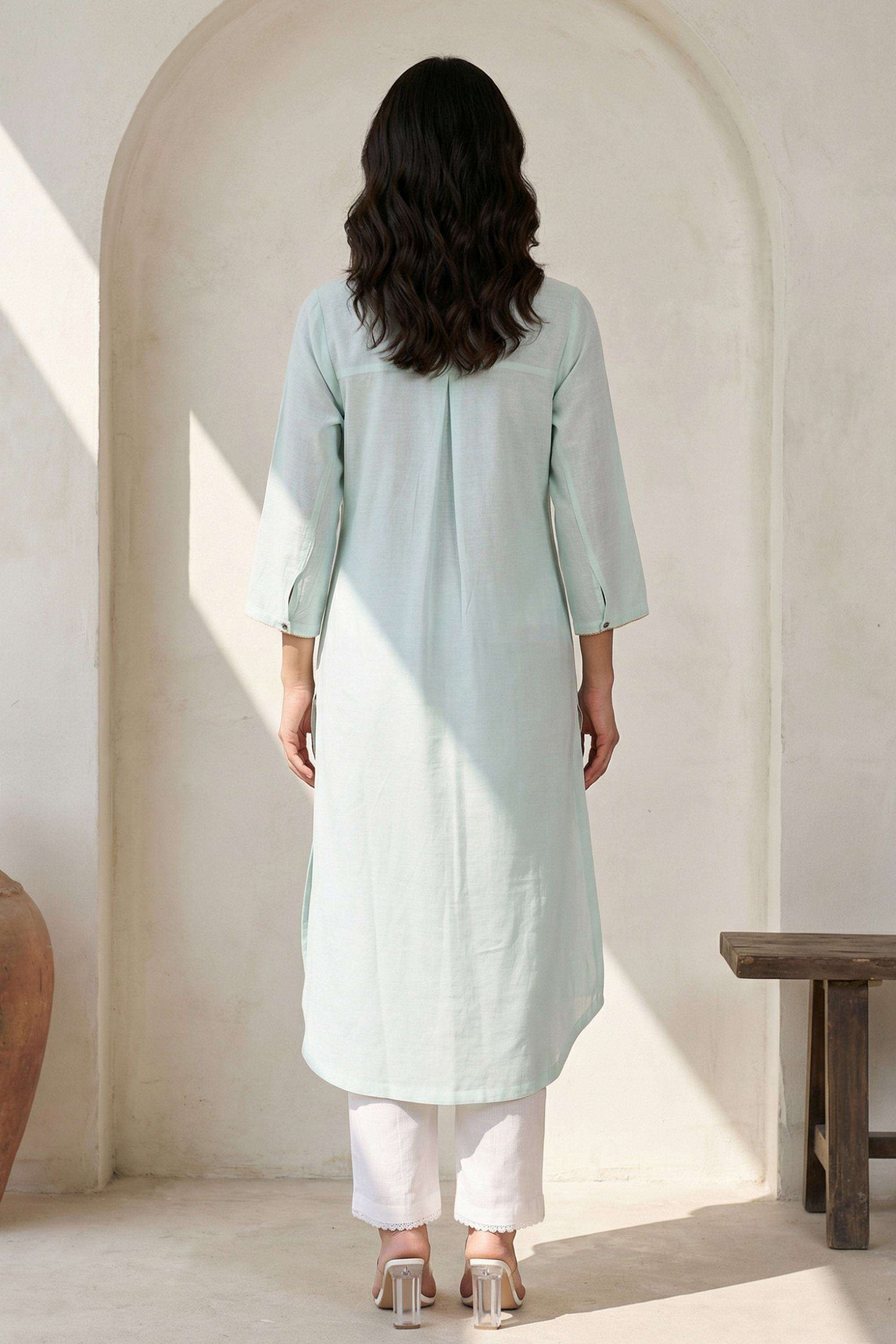 Solid-Blended-Fabric-Round-Neck-Women-s-Work-Kurta