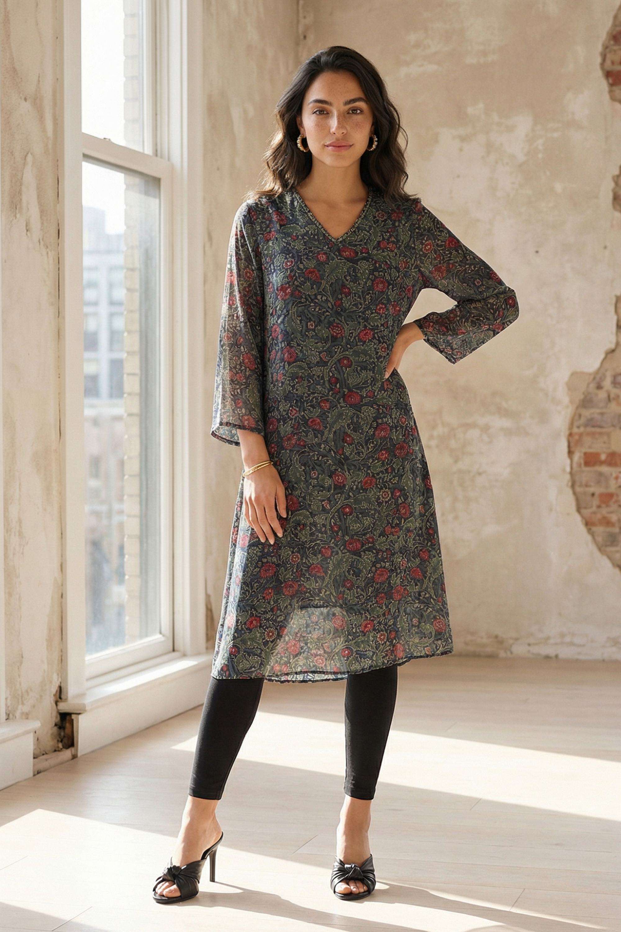 Floral-Chiffon-V-Neck-Women-s-Casual-Wear-Kurta