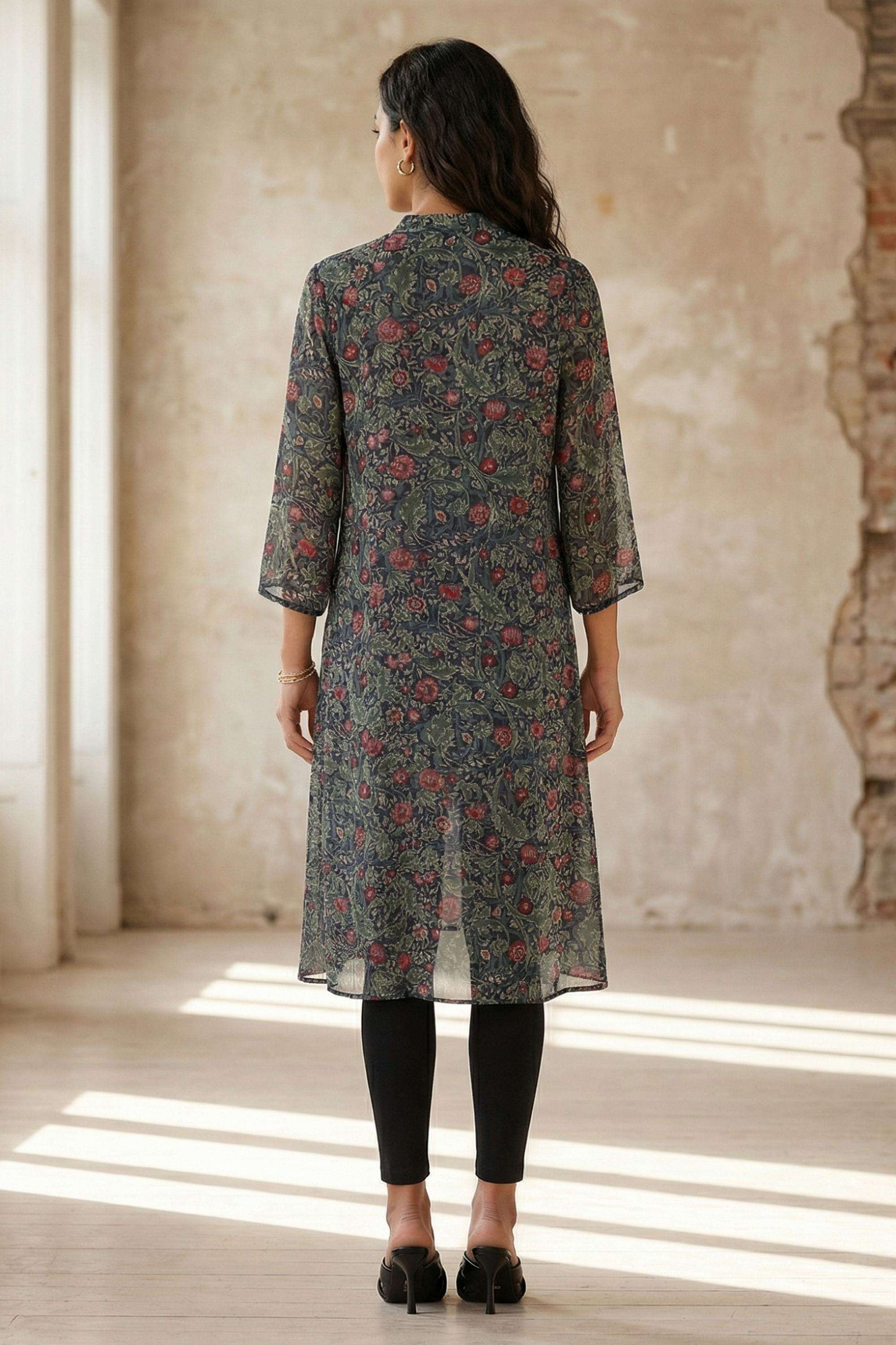 Floral-Chiffon-V-Neck-Women-s-Casual-Wear-Kurta