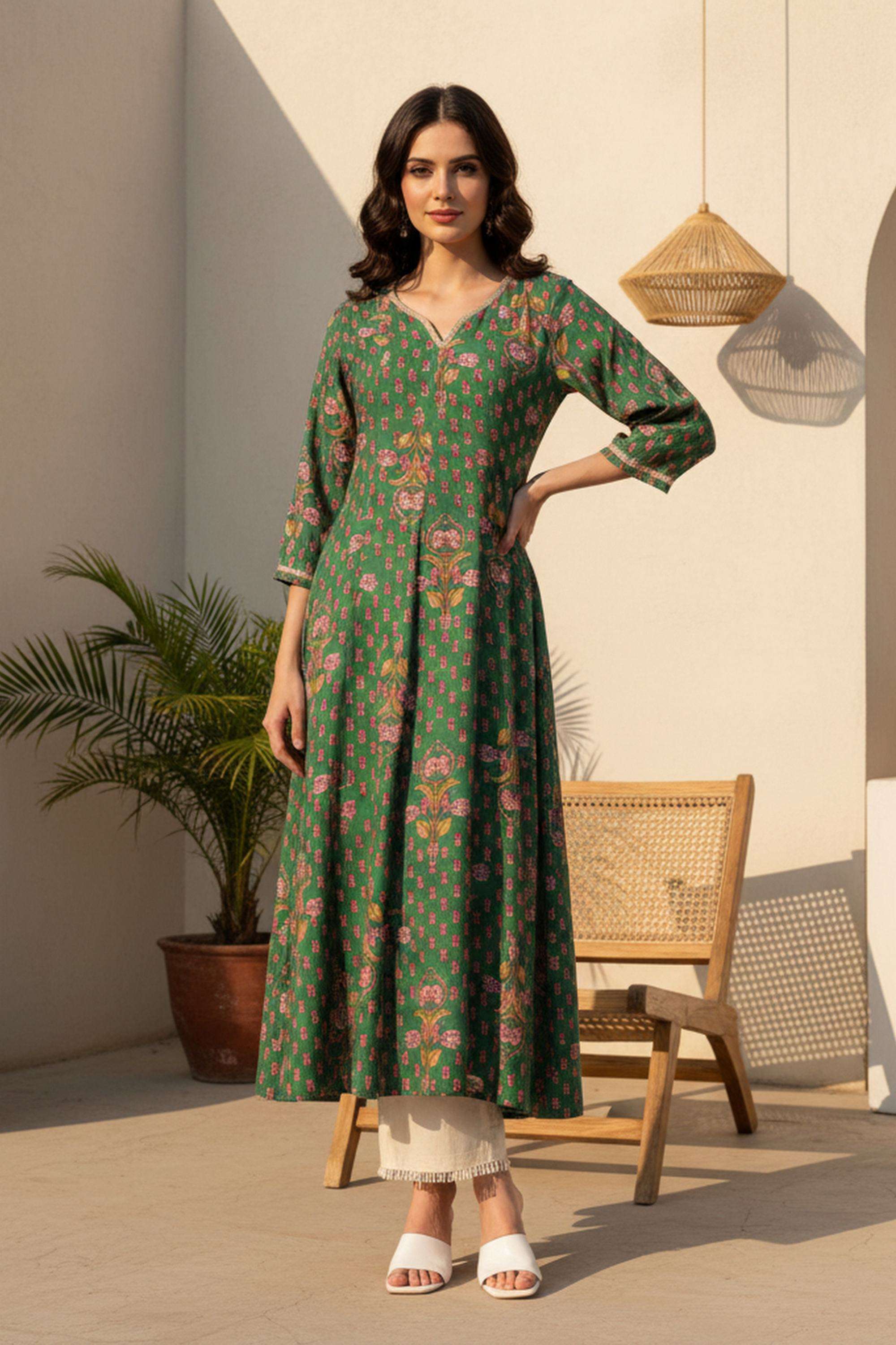 Floral-Viscose-V-Neck-Women-s-Ethnic-Kurta