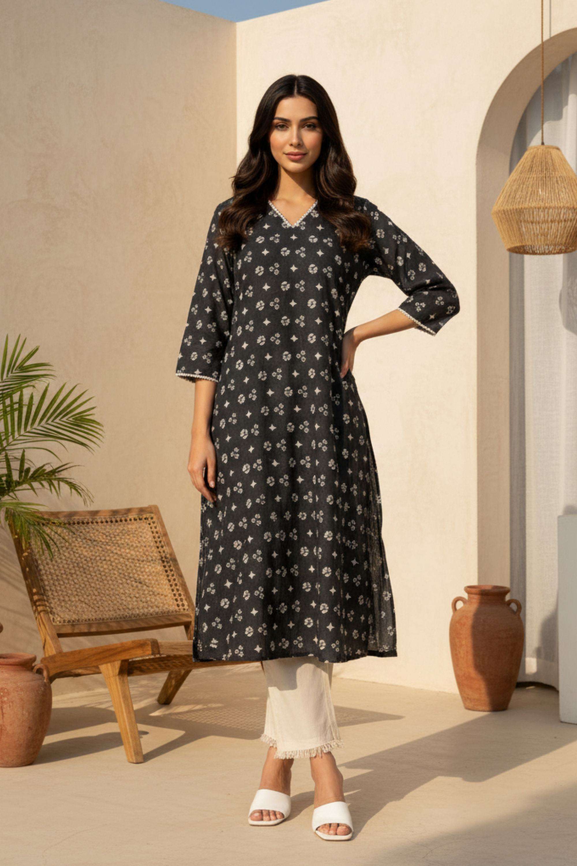 Geometric-Print-Blended-Fabric-V-Neck-Women-s-Ethnic-Kurta