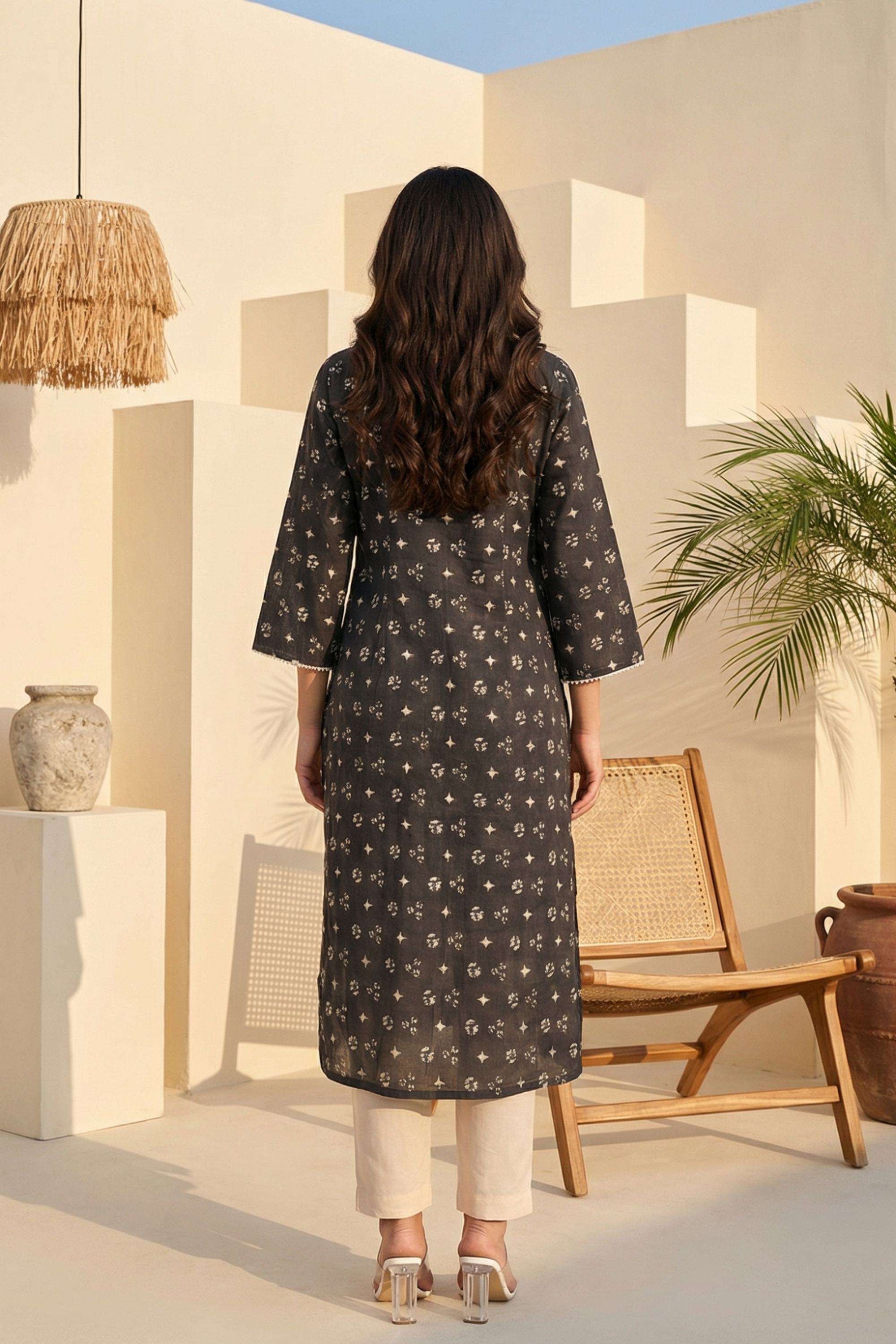 Geometric-Print-Blended-Fabric-V-Neck-Women-s-Ethnic-Kurta