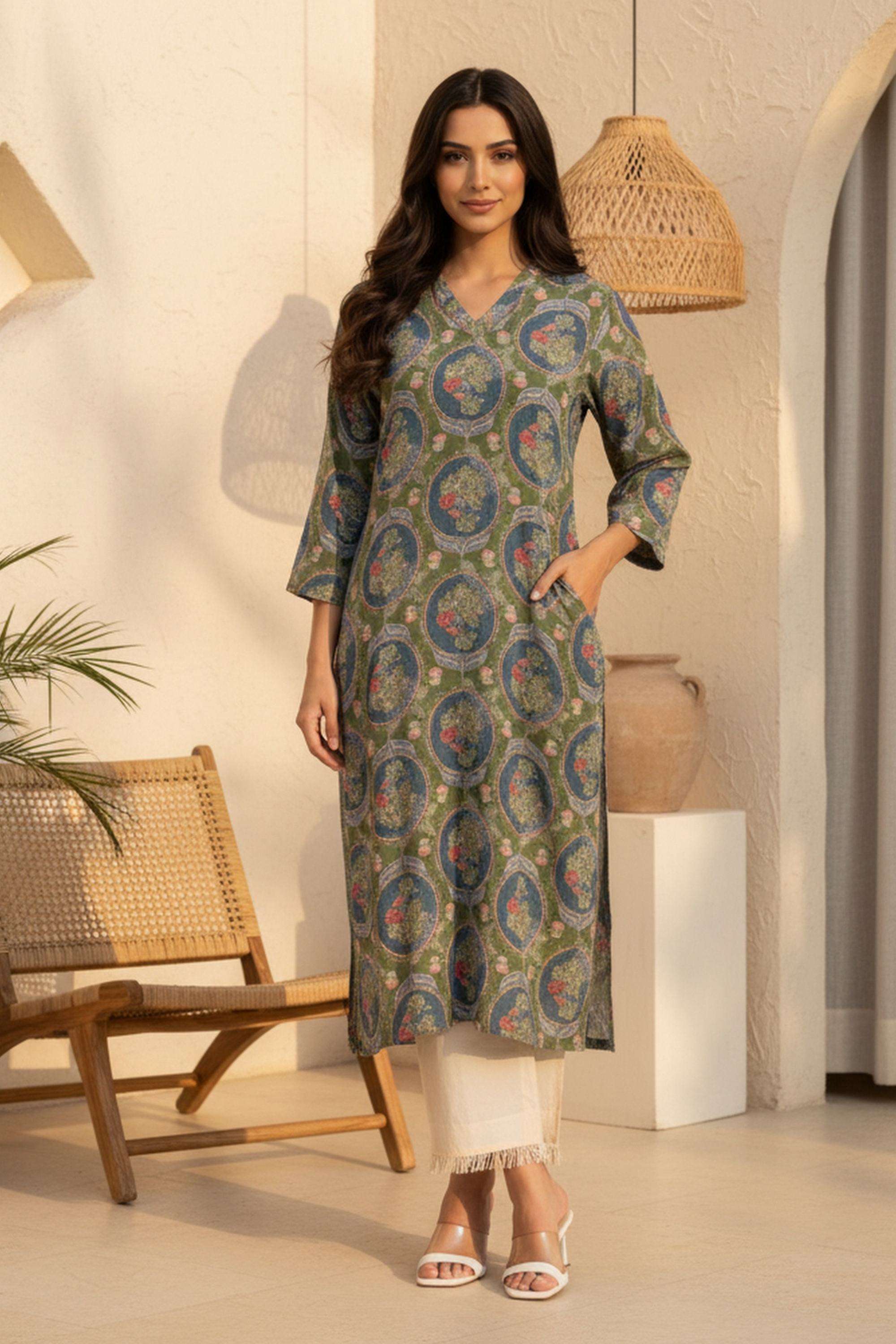 Floral-Blended-Fabric-V-Neck-Women-s-Top