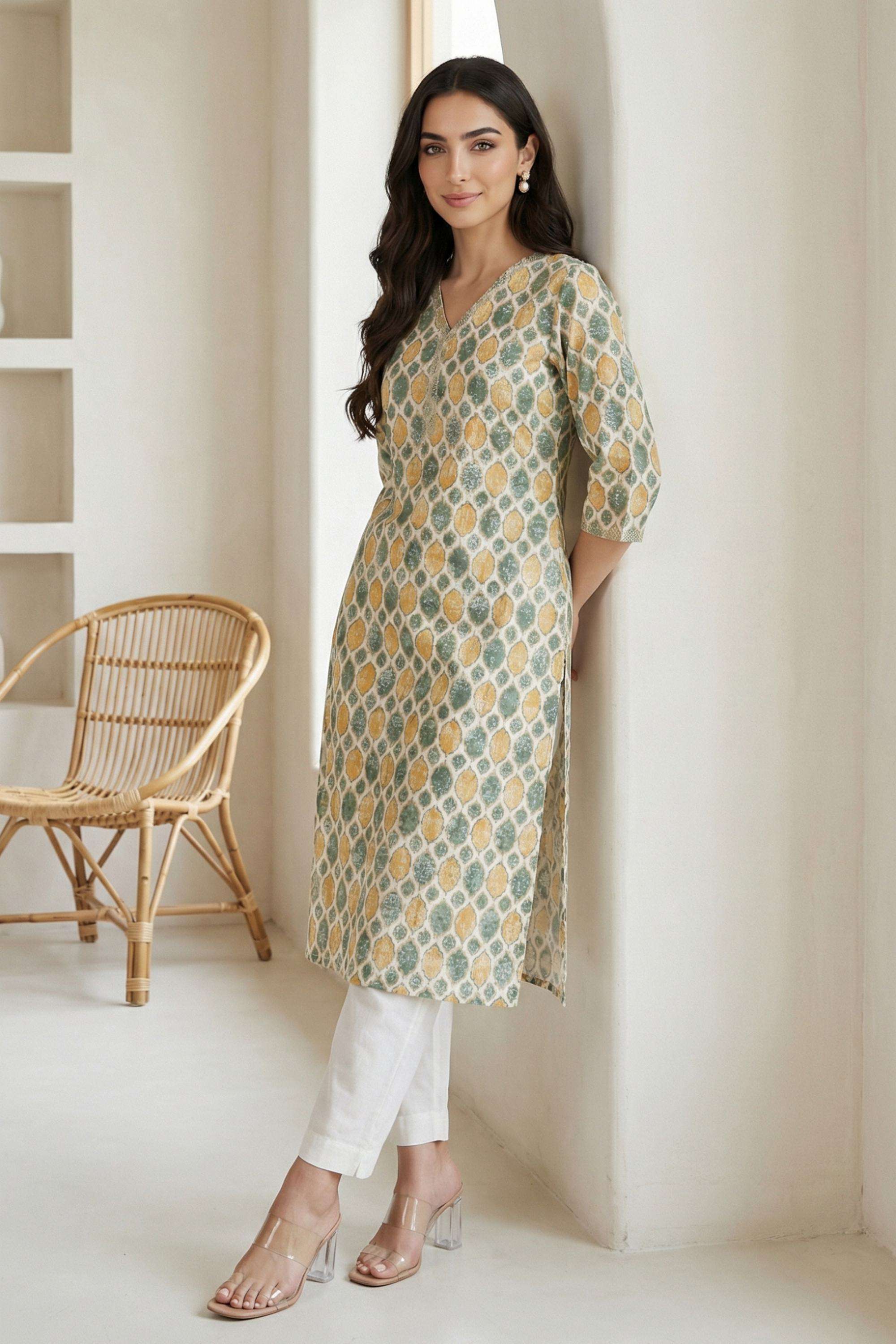 Textured-Blended-Fabric-V-Neck-Women-s-Casual-Wear-Kurta