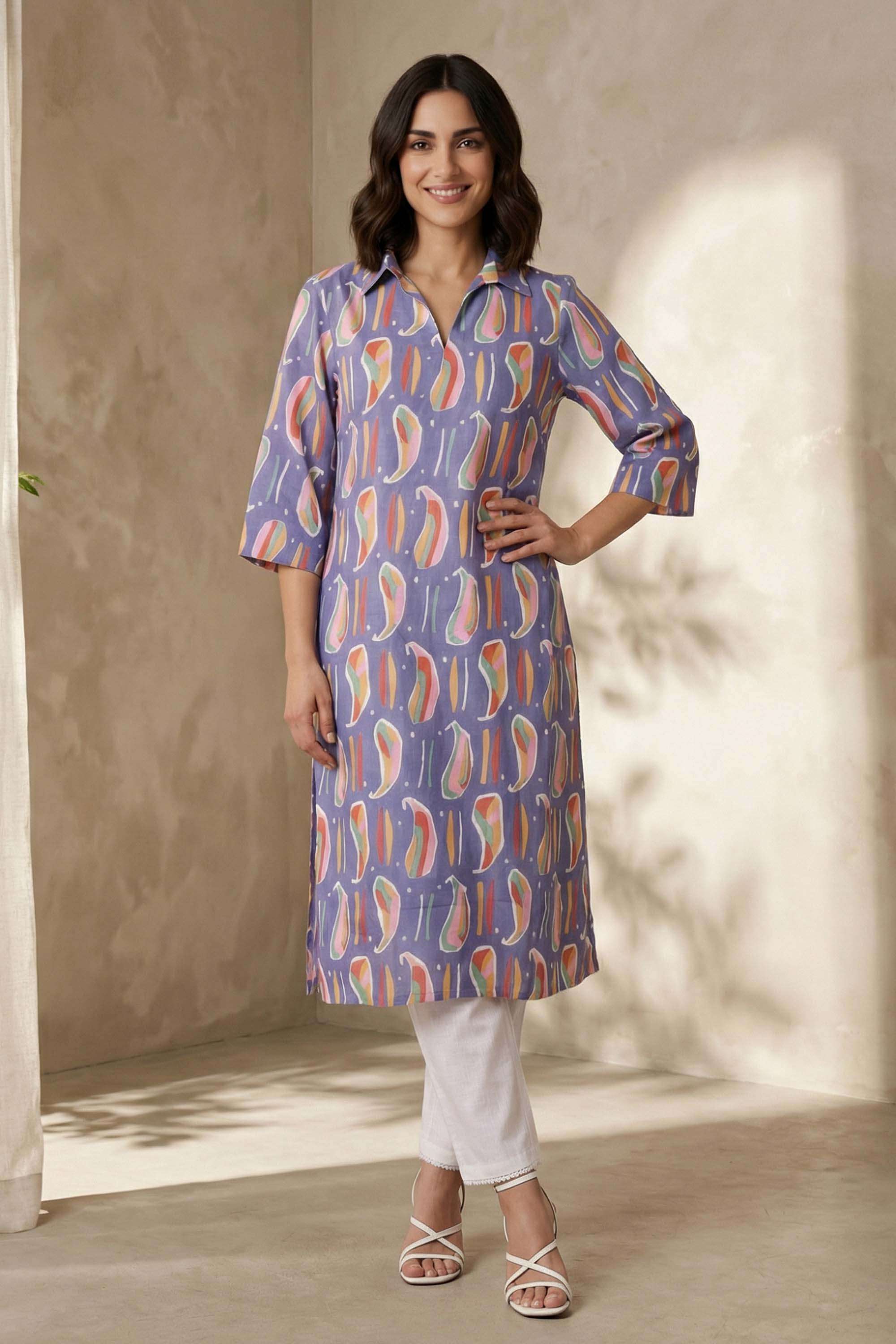 Abstract Blended Fabric Collared Women's Top-picture-36