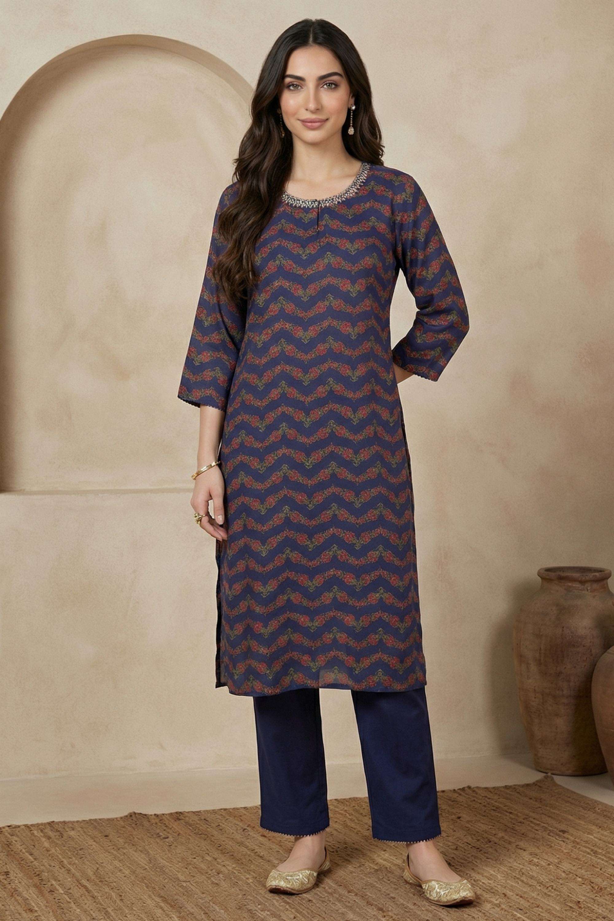 Printed-Viscose-Round-Neck-Women-s-Festive-Wear-Kurta