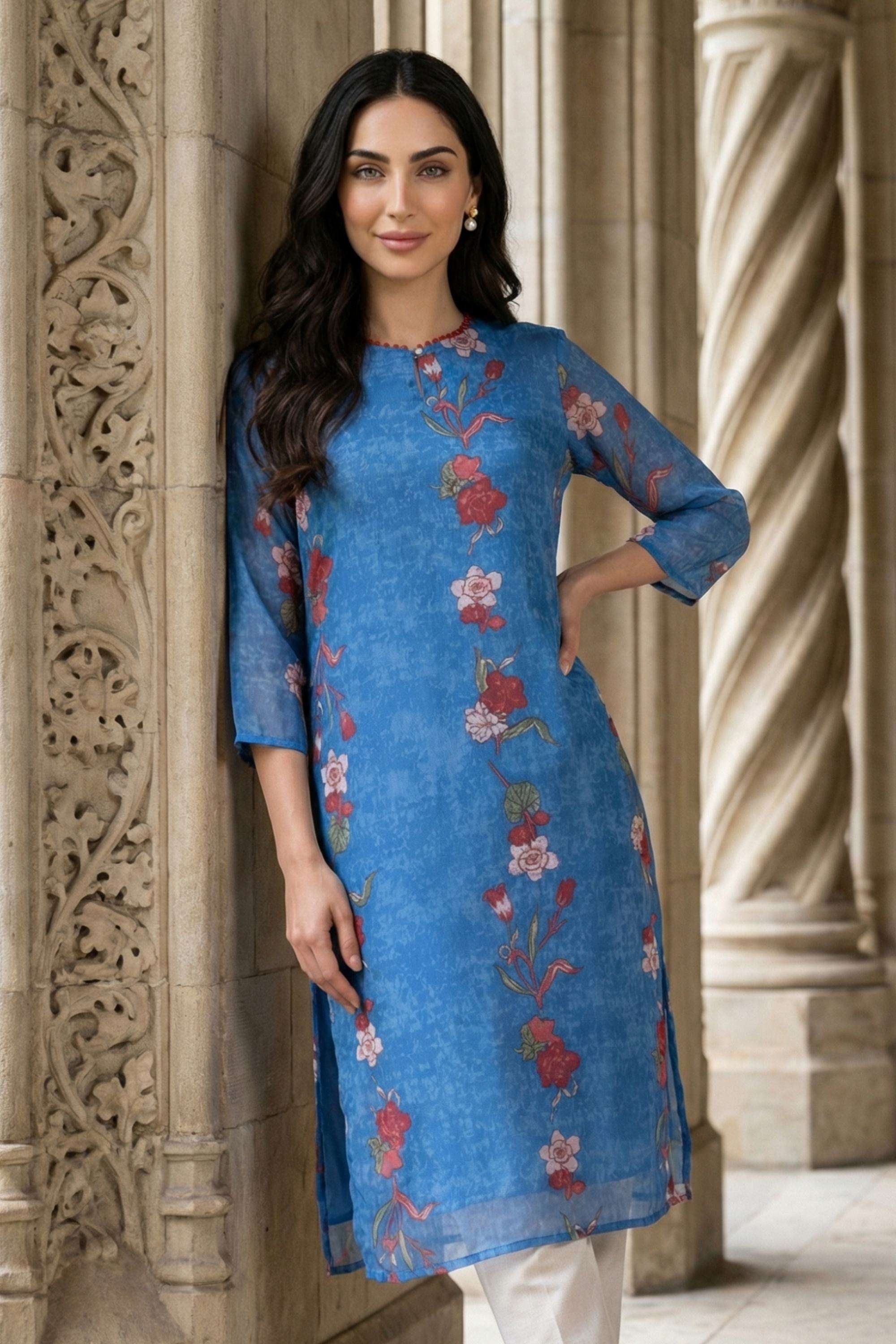 Geometric-Print-Cotton-Blend-Collared-Women-s-Fusion-Wear-Kurta