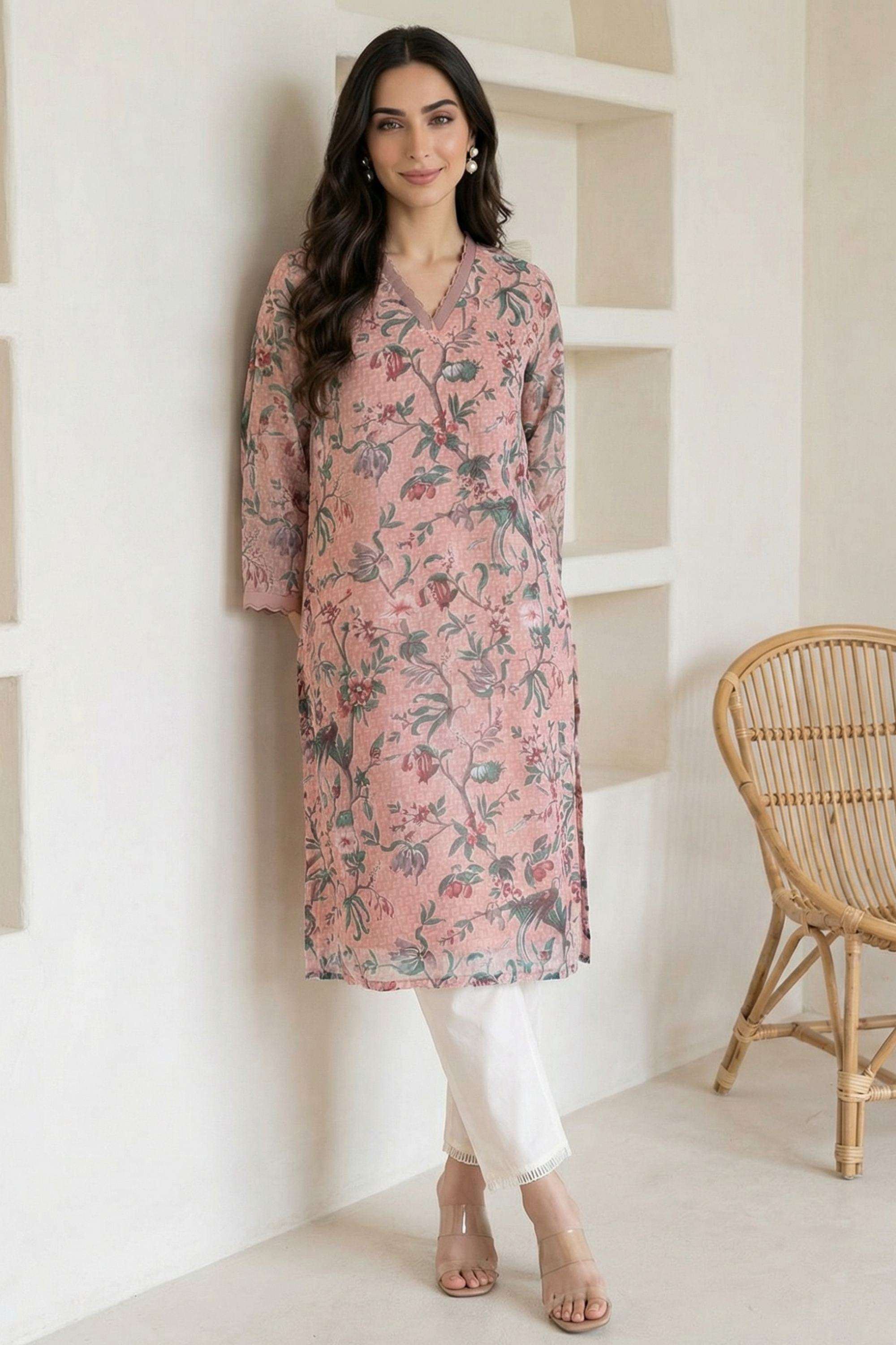 Printed-Blended-Fabric-V-Neck-Women-s-Festive-Wear-Kurta