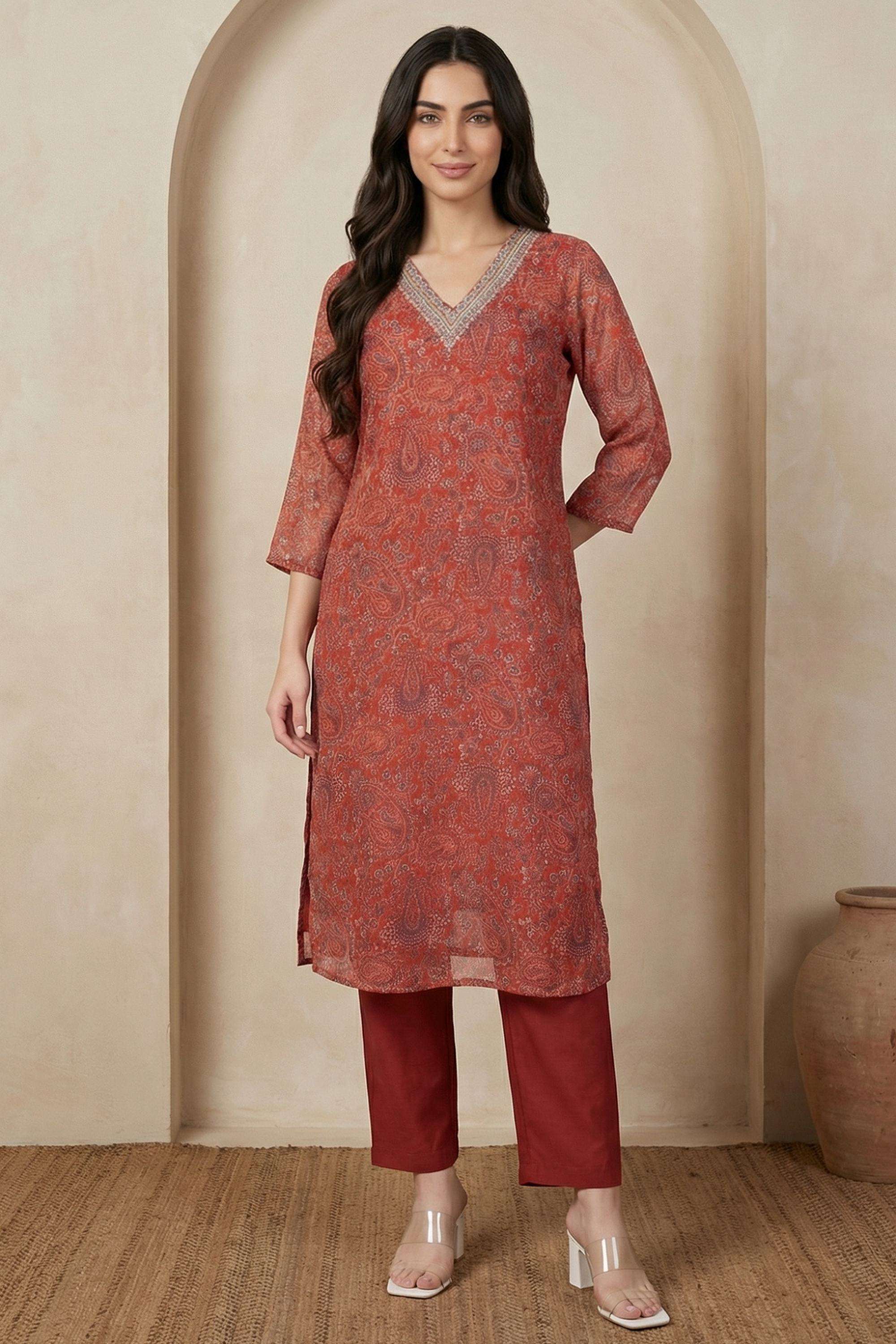 Textured-Blended-Fabric-V-Neck-Women-s-Festive-Wear-Kurta