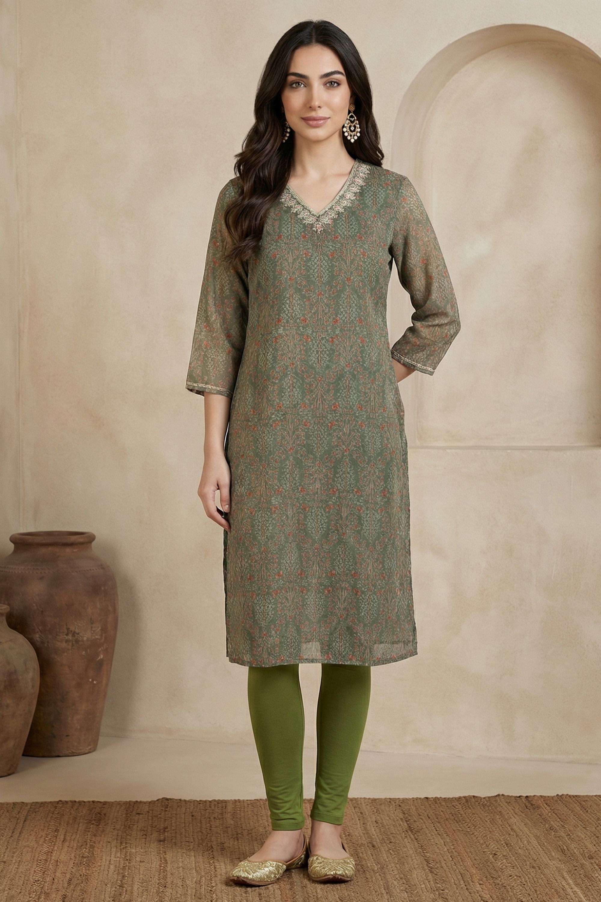 Printed-Blended-Fabric-V-Neck-Women-s-Festive-Wear-Kurta