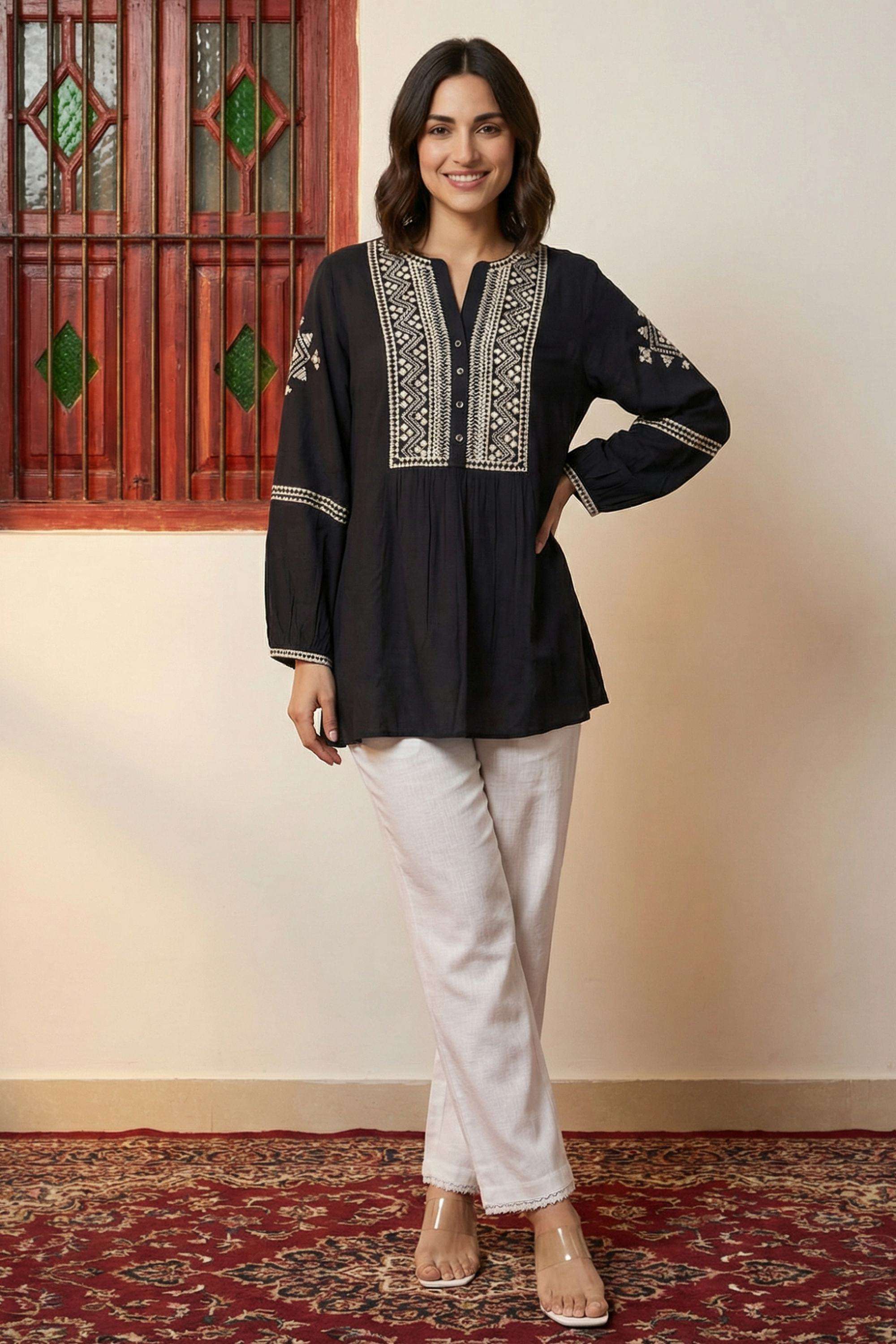 Textured-Viscose-Round-Neck-Women-s-Top