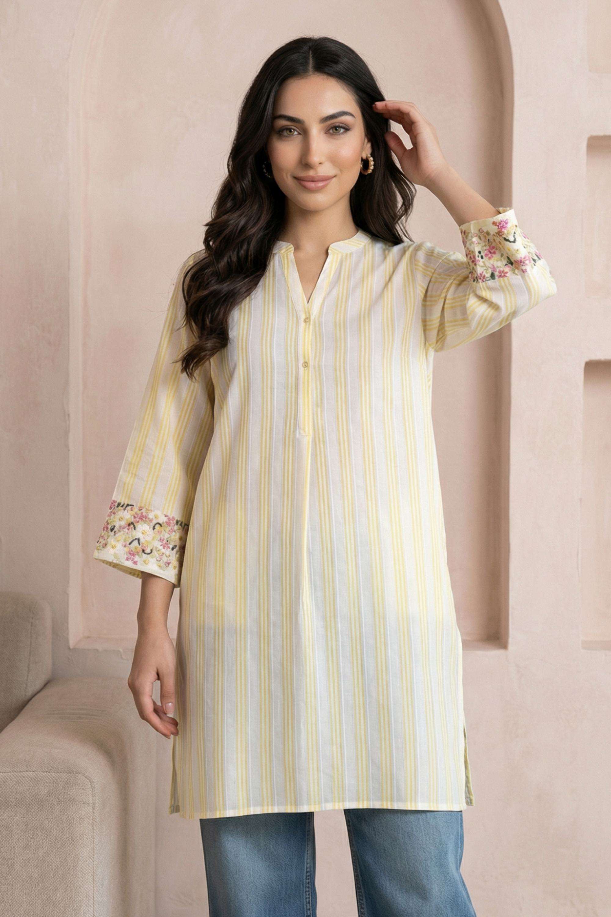 Stripes-Blended-Fabric-Round-Neck-Women-s-Casual-Wear-Tunic