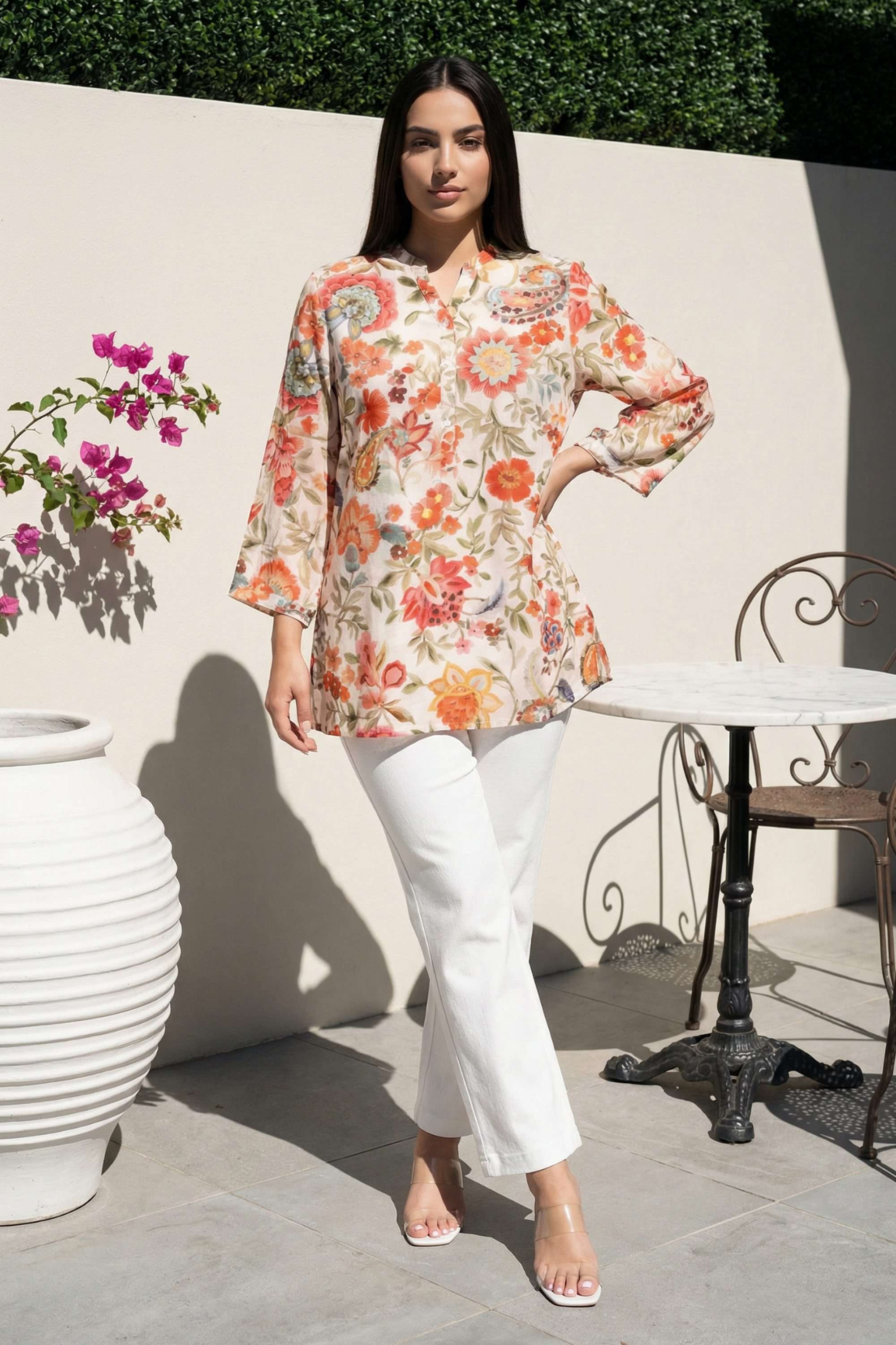Printed-Blended-Fabric-Round-Neck-Women-s-Top