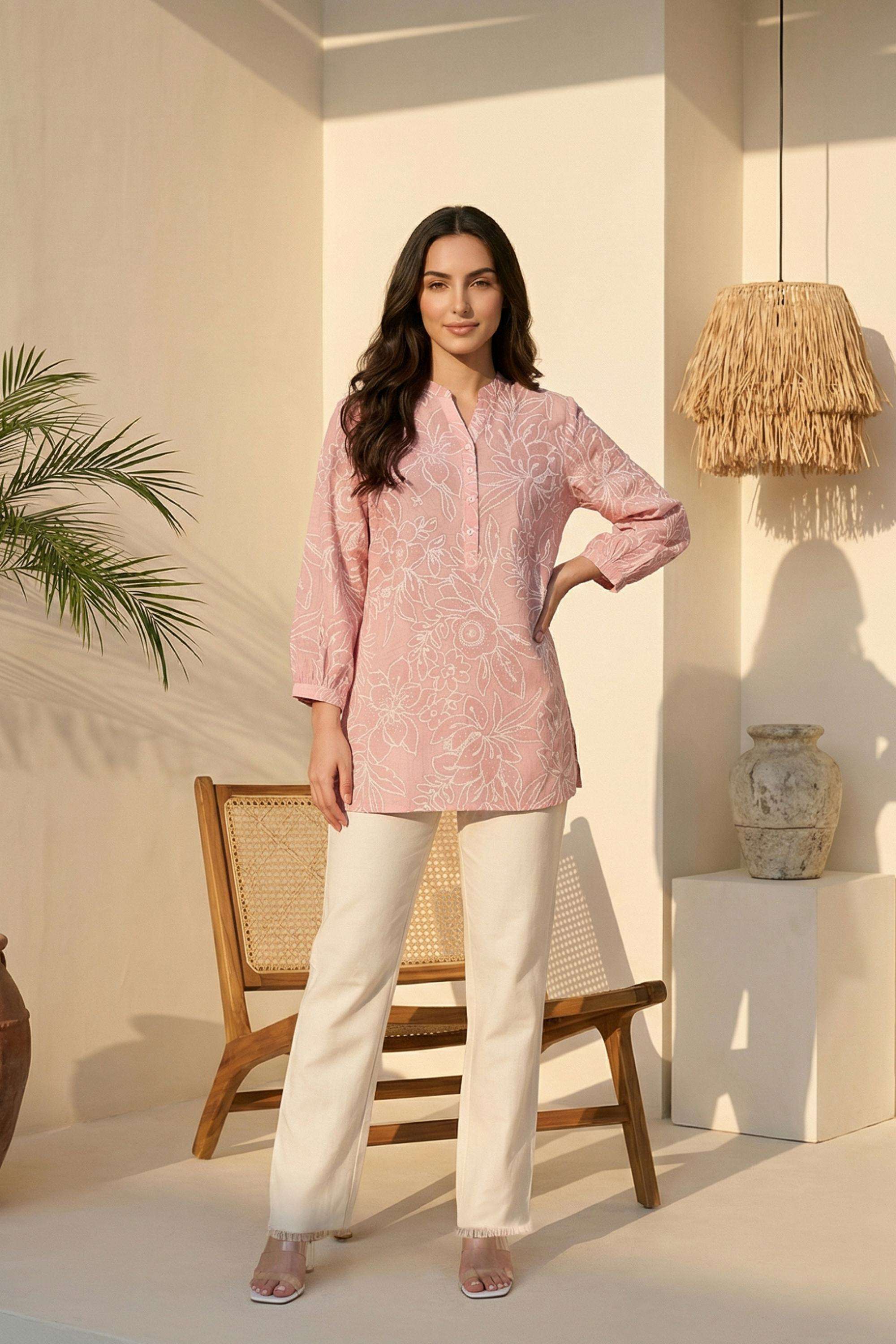 Floral-Blended-Fabric-Round-Neck-Women-s-Top