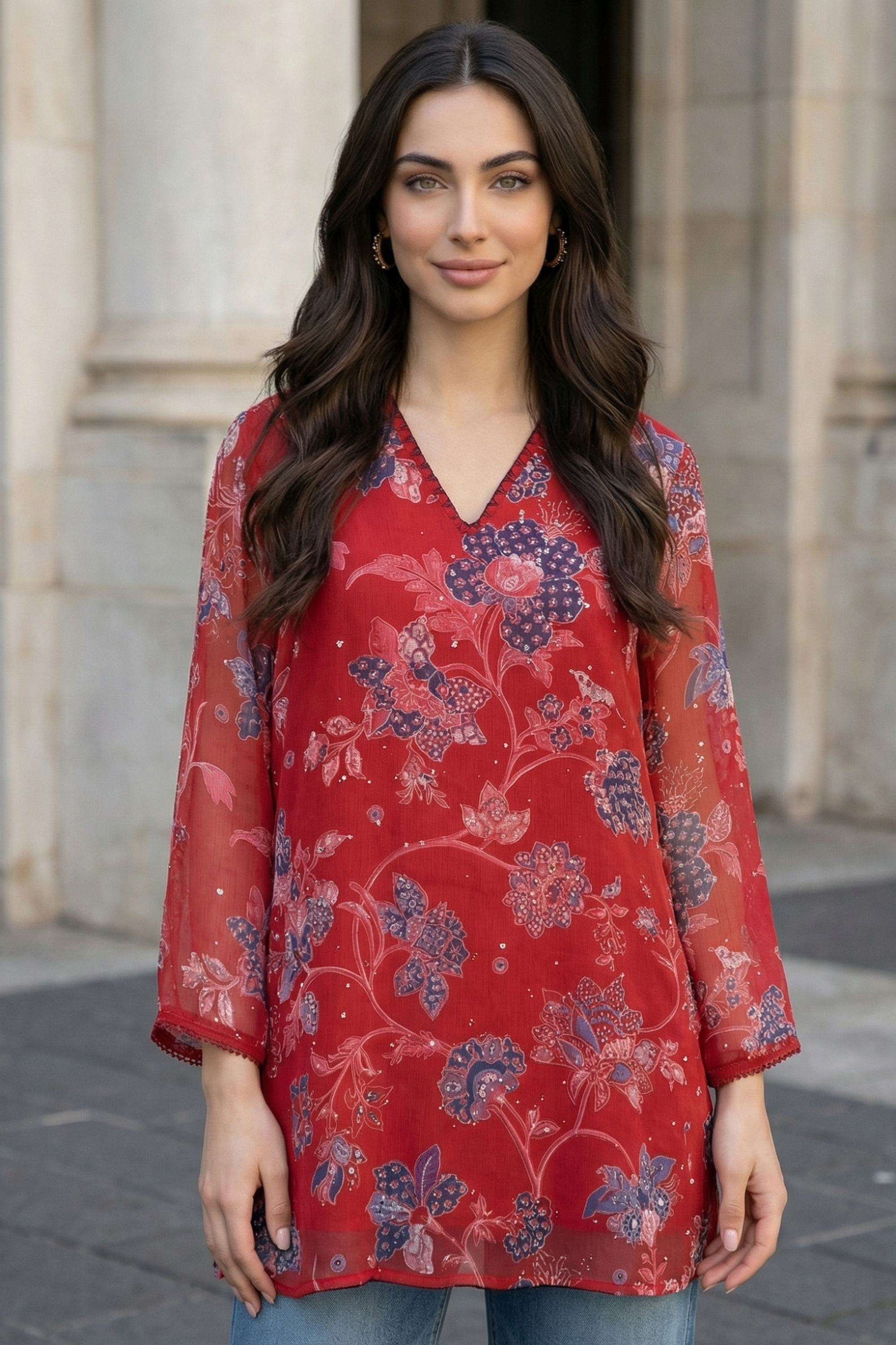 Printed-Blended-Fabric-V-Neck-Women-s-Top