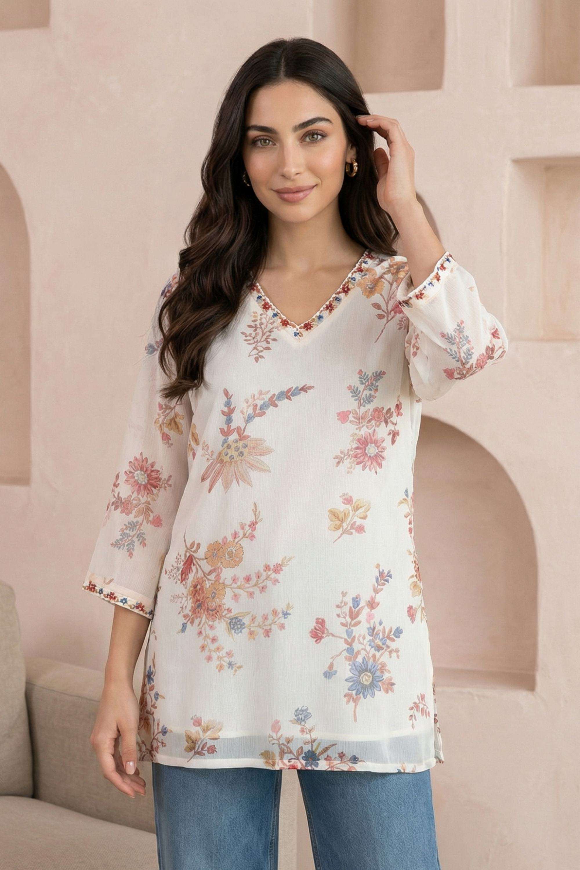 Floral-Chiffon-V-Neck-Women-s-Top