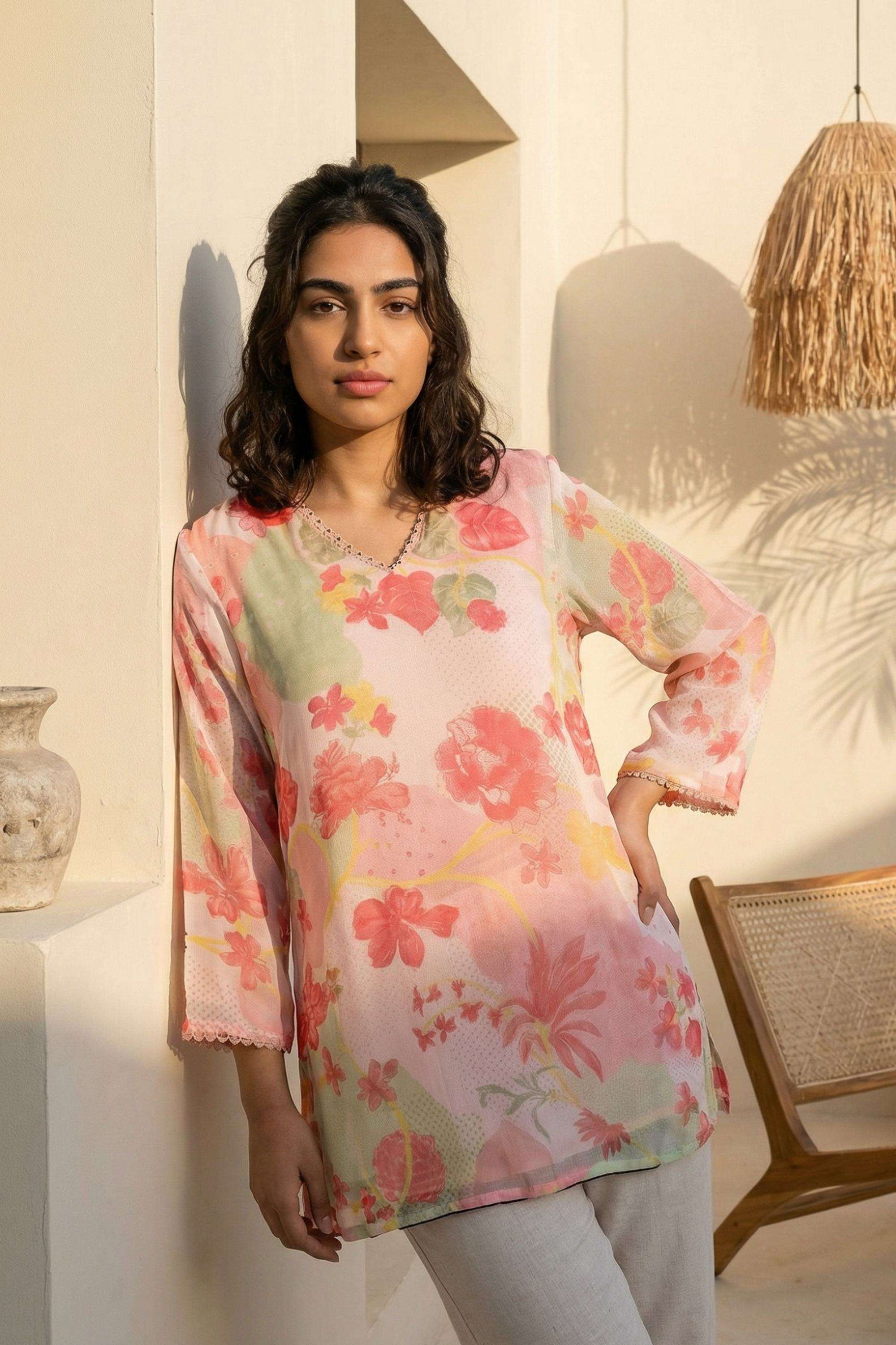 Floral-Blended-Fabric-V-Neck-Women-s-Top