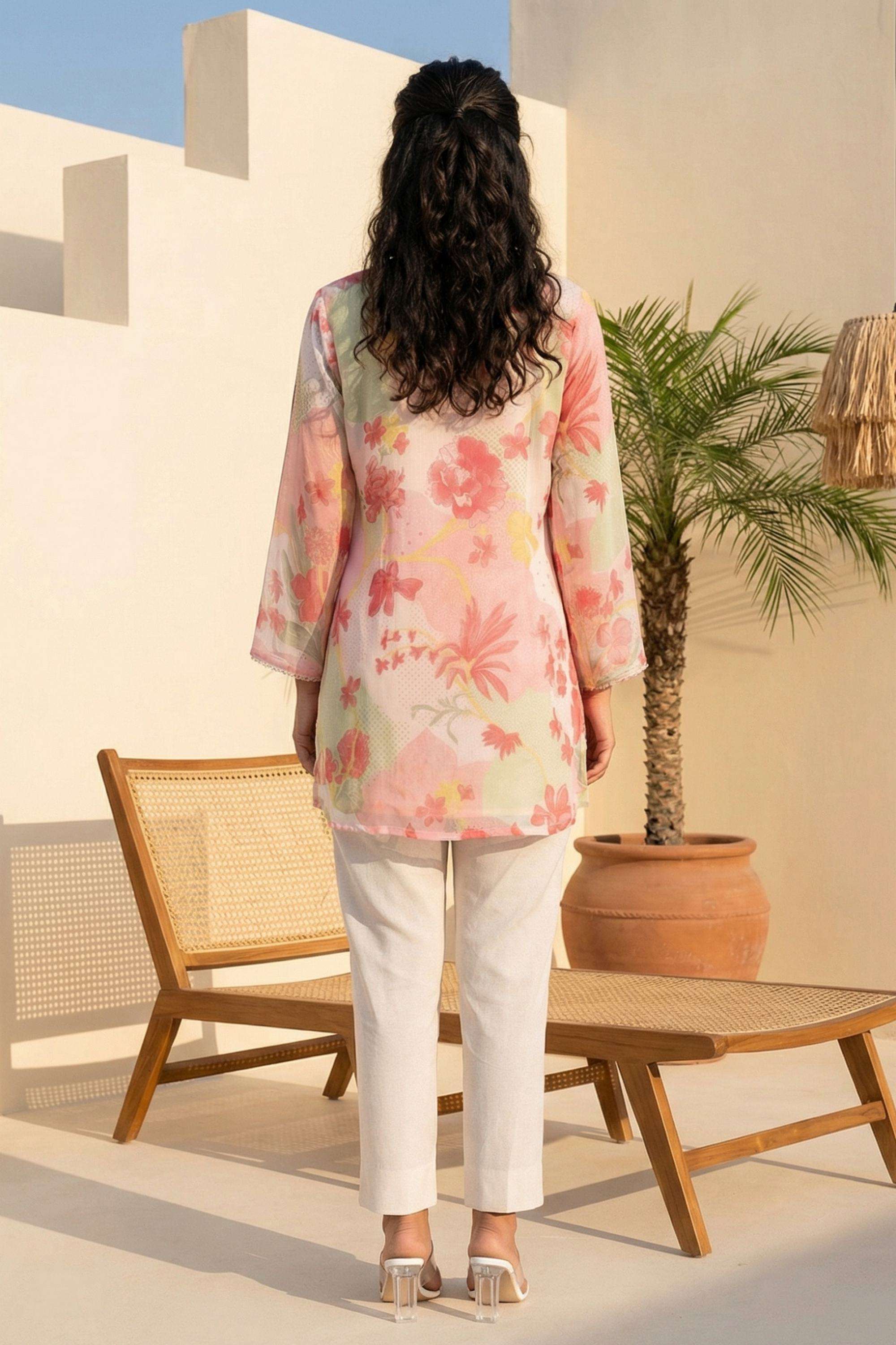 Floral-Blended-Fabric-V-Neck-Women-s-Top
