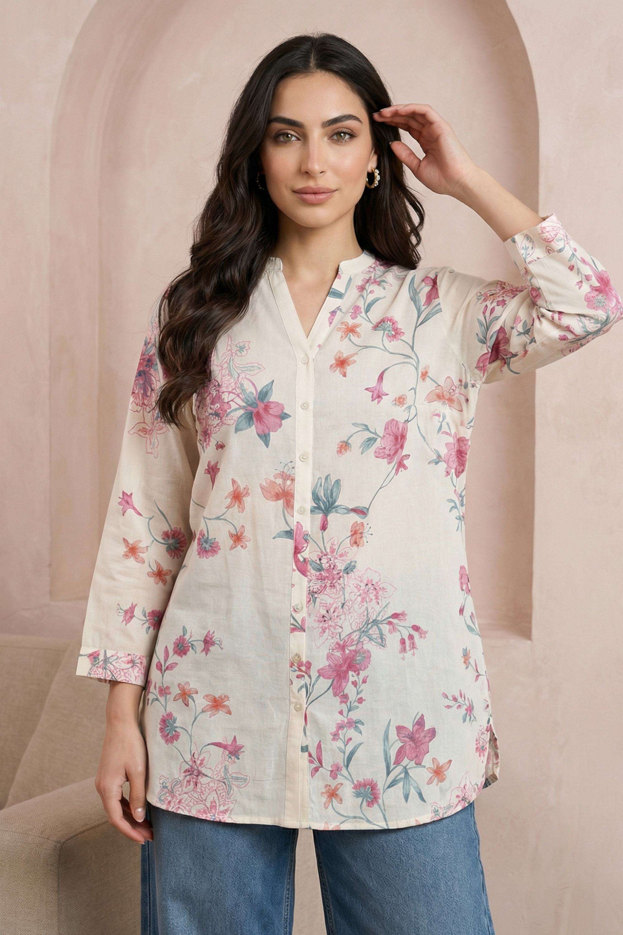 Floral-Blended-Fabric-Round-Neck-Women-s-Casual-Wear-Tunic