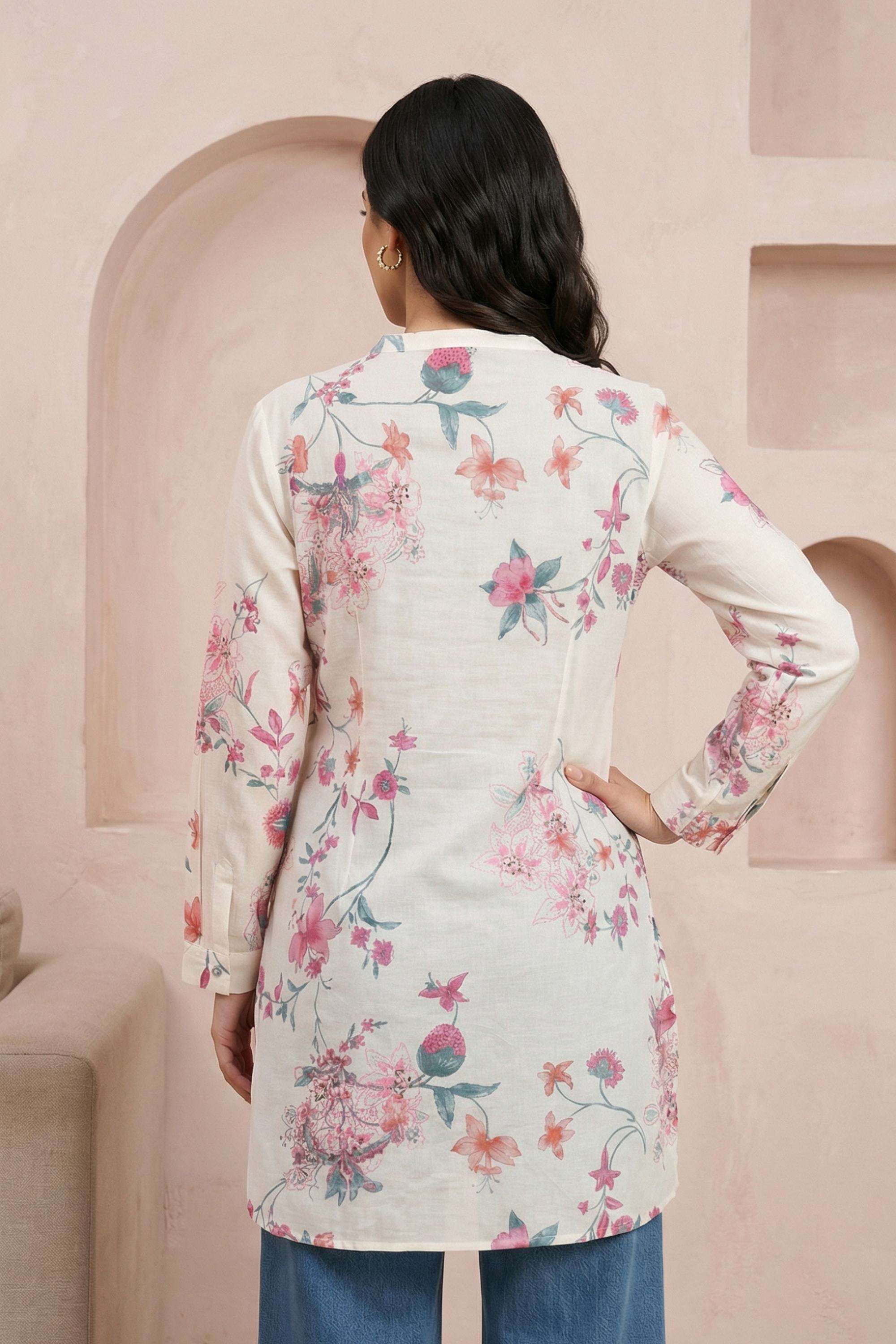 Floral-Blended-Fabric-Round-Neck-Women-s-Casual-Wear-Tunic