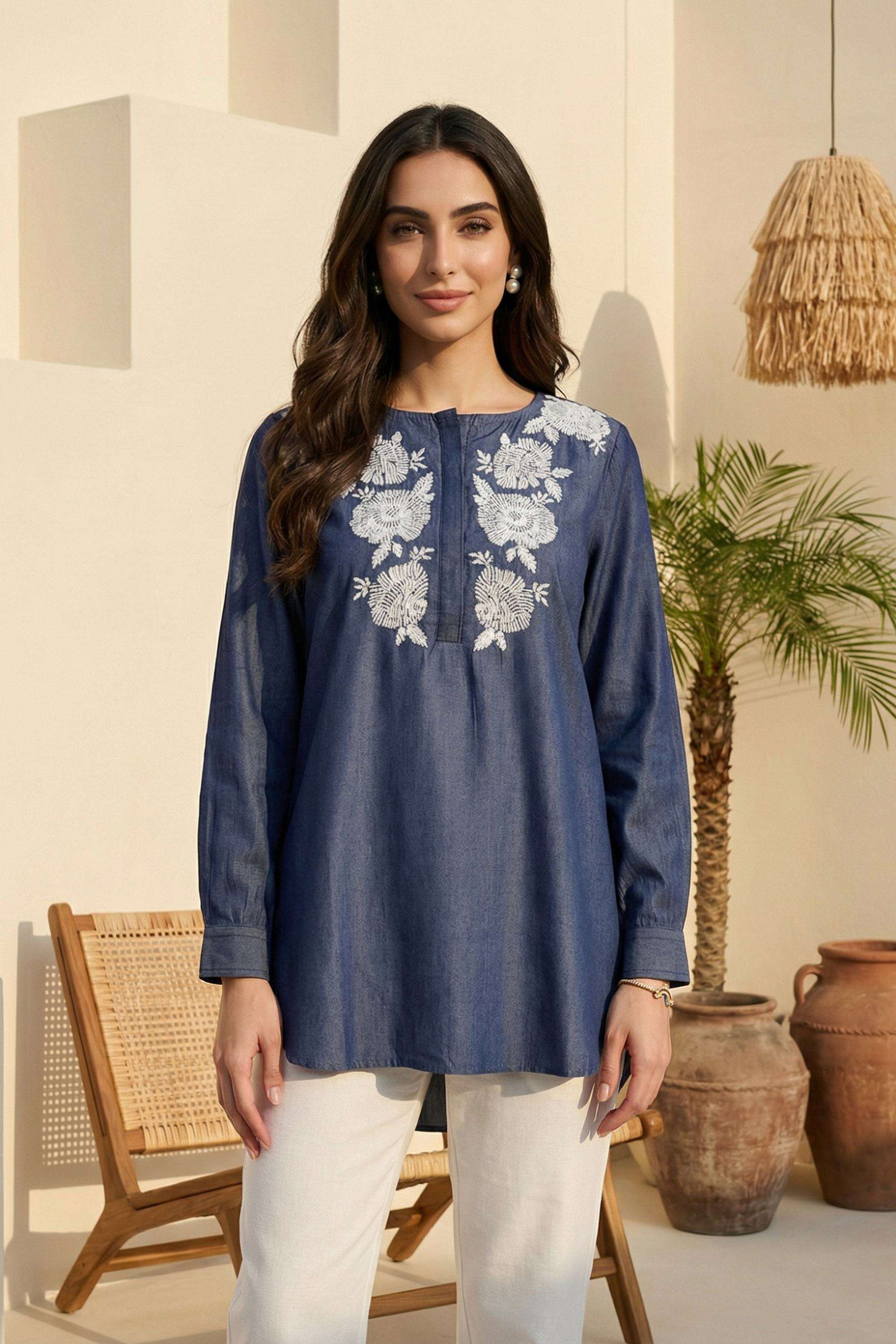 Embroidered-Blended-Fabric-Round-Neck-Women-s-Top