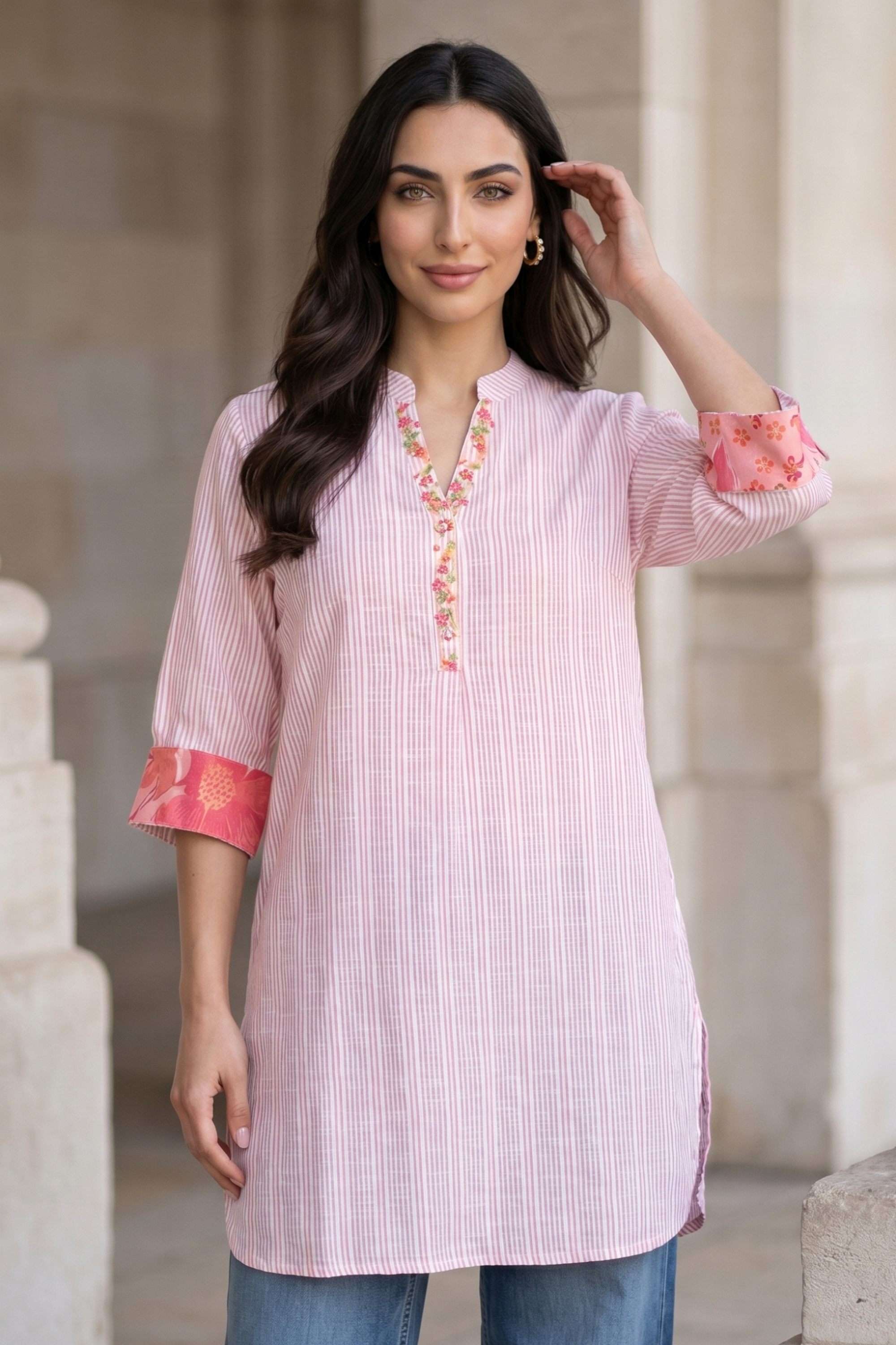 Stripes-Cotton-Blend-Collared-Women-s-Tunic