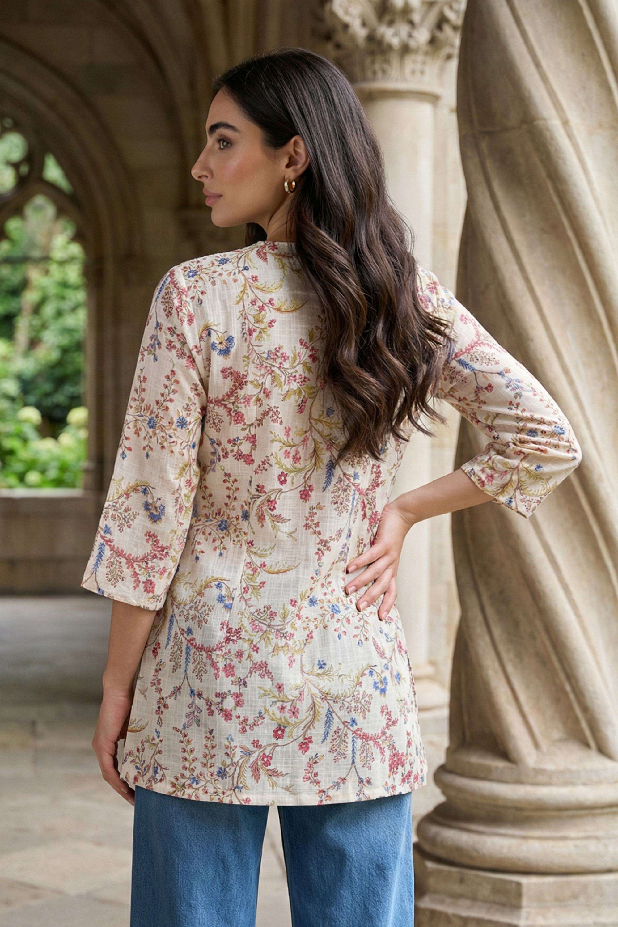 Floral-Blended-Fabric-V-Neck-Women-s-Top
