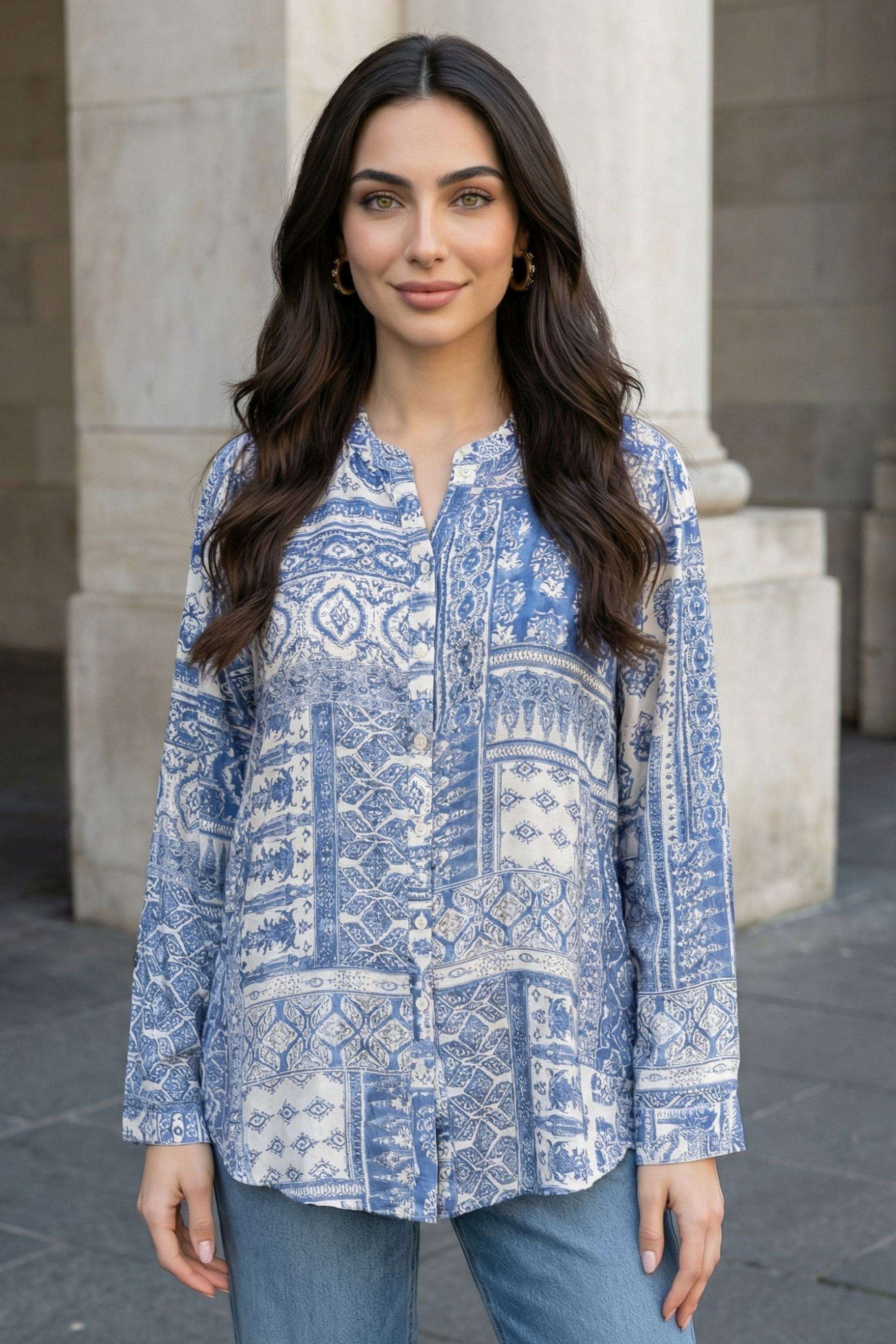 Geometric-Print-Viscose-Round-Neck-Women-s-Shirt