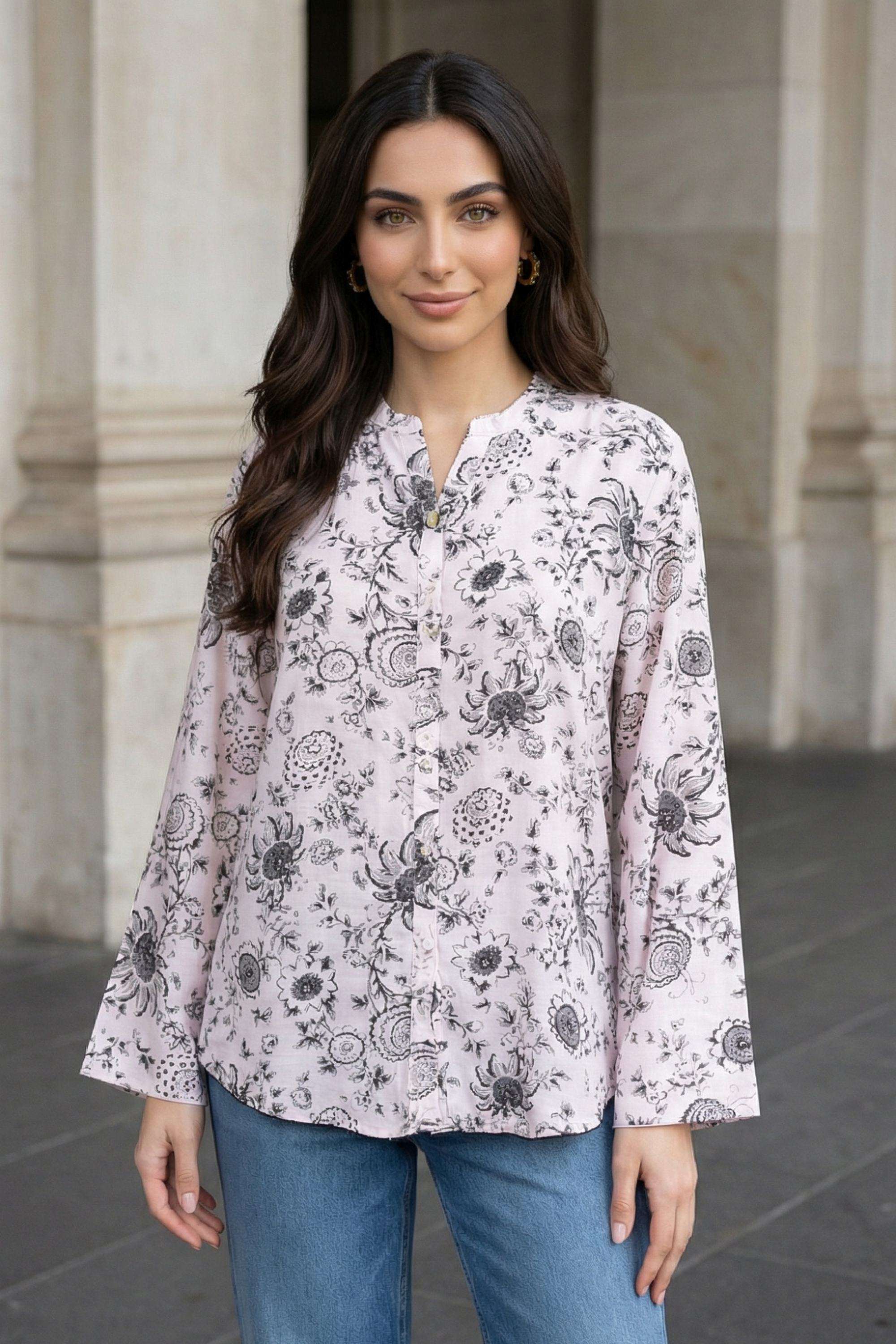 Geometric-Print-Viscose-Round-Neck-Women-s-Shirt