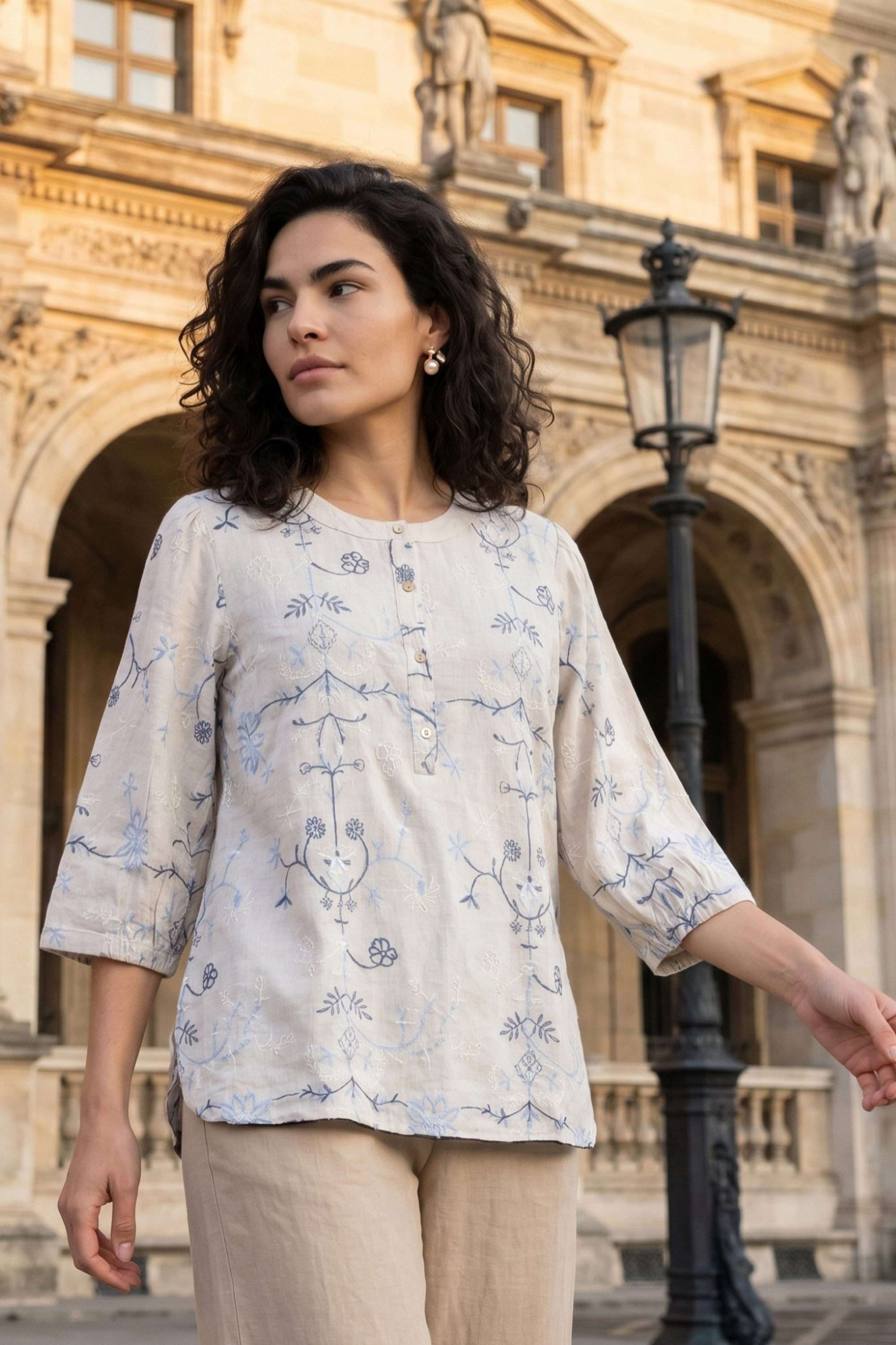 Embroidered-Blended-Fabric-Henley-Women-s-Top
